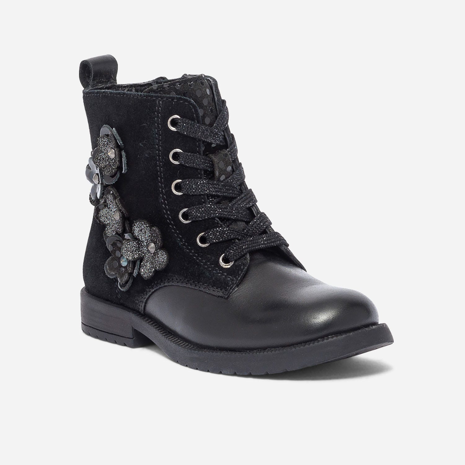Bottine noire bi matière avec décor fleurs