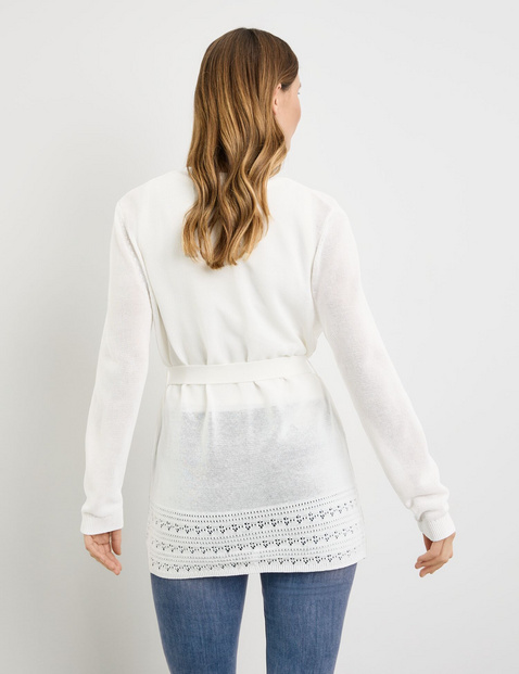 Offener Cardigan mit Häkel-Details und Bindegürtel