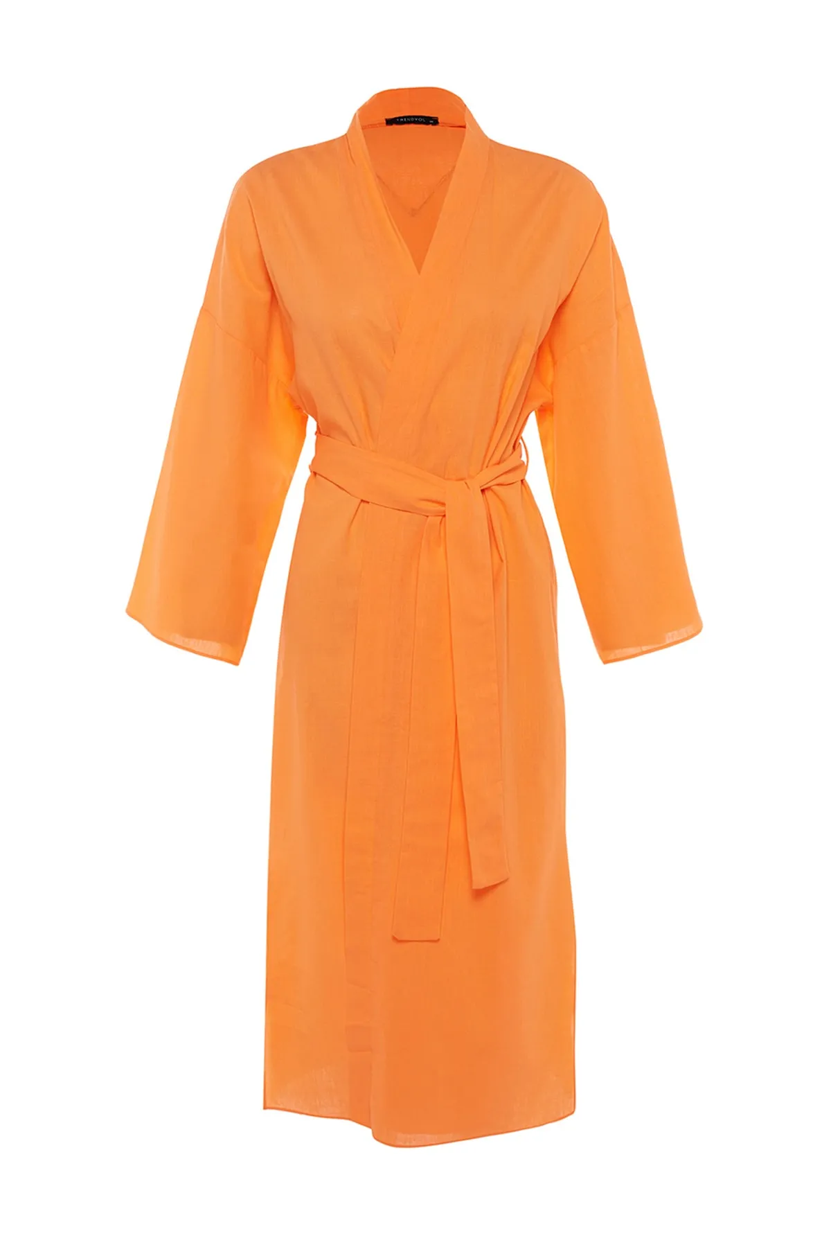 Trendyol Collection  Orangefarbener Maxi-Kimono und Kaftan aus Webstoff mit Gürtel TBESS23KM00044
