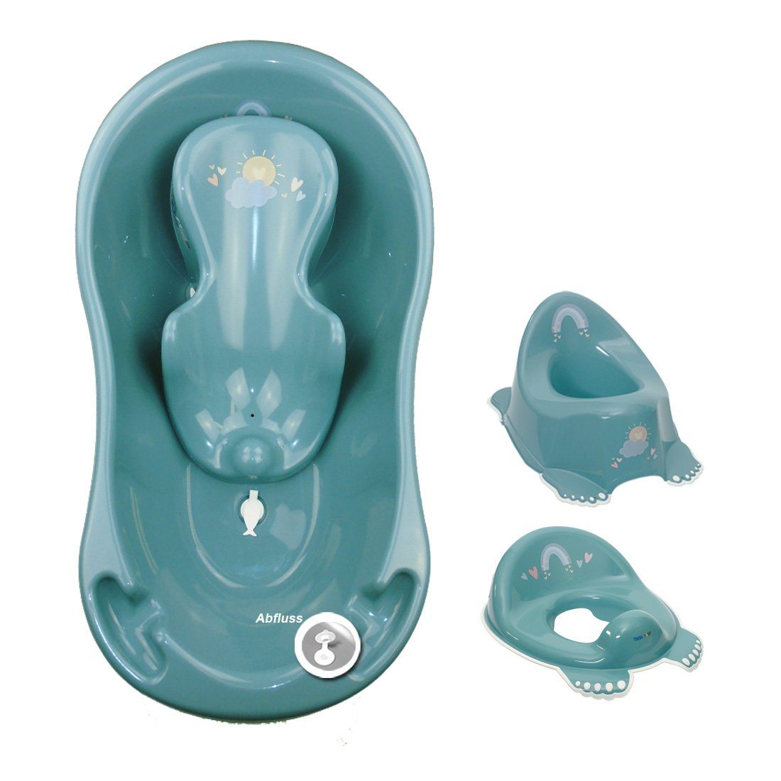 Tega-Baby Babybadewanne 4 Teile SET - METEO Türkis - -Babybadeset Wanne Pflege Wanne, (Premium.set Made in Europe), Wanne+ Badesitz+ Töpfchen+ WC Aufsatz
