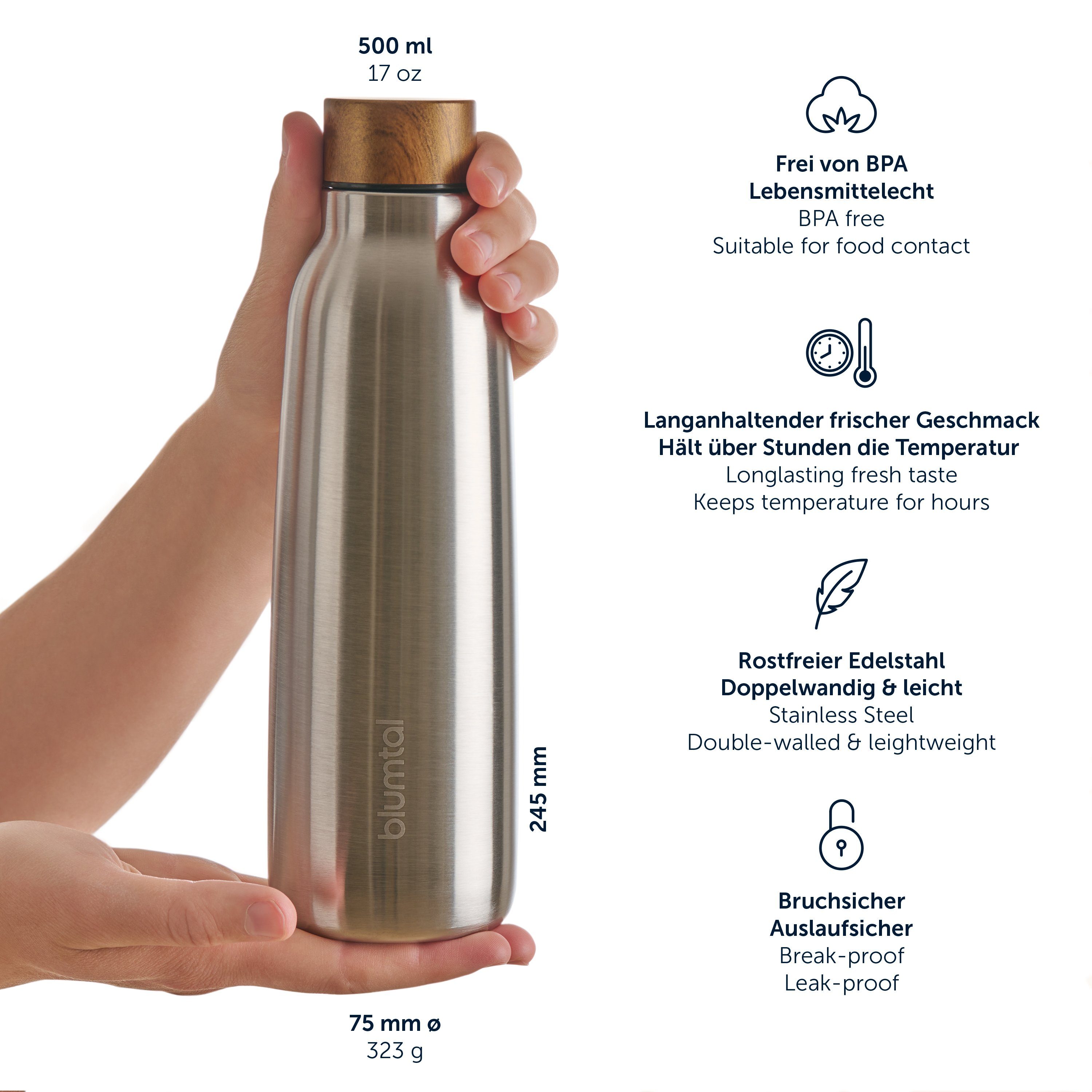 Blumtal Isolierflasche 500ml Trinkflasche Edelstahl Ray - auslaufsichere Isolierflasche, BPA-frei, hält 8h heiß/24h kalt