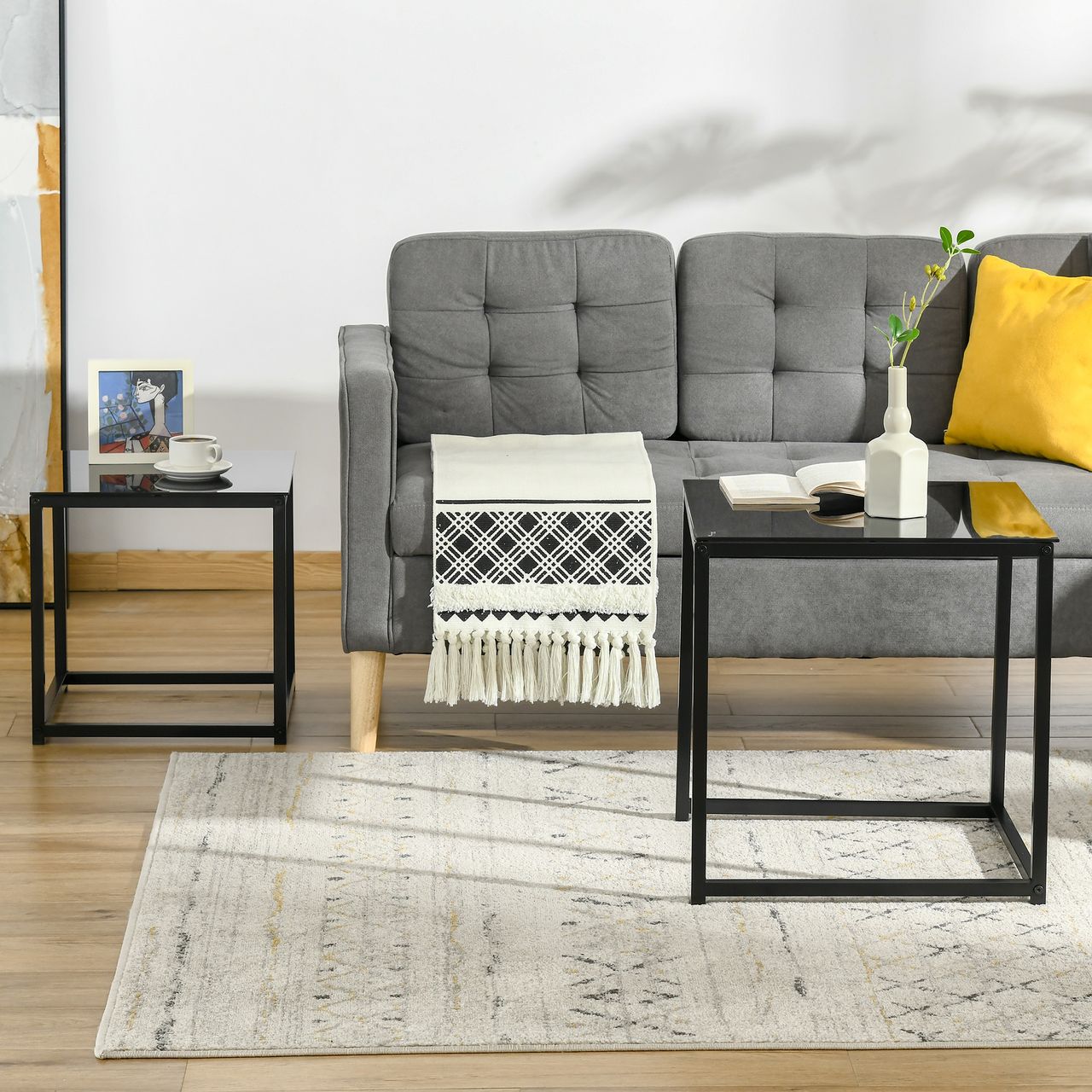 HOMCOM Beistelltisch 2er-Set, Couchtisch-Set, Kaffeetisch mit Glastischplatte