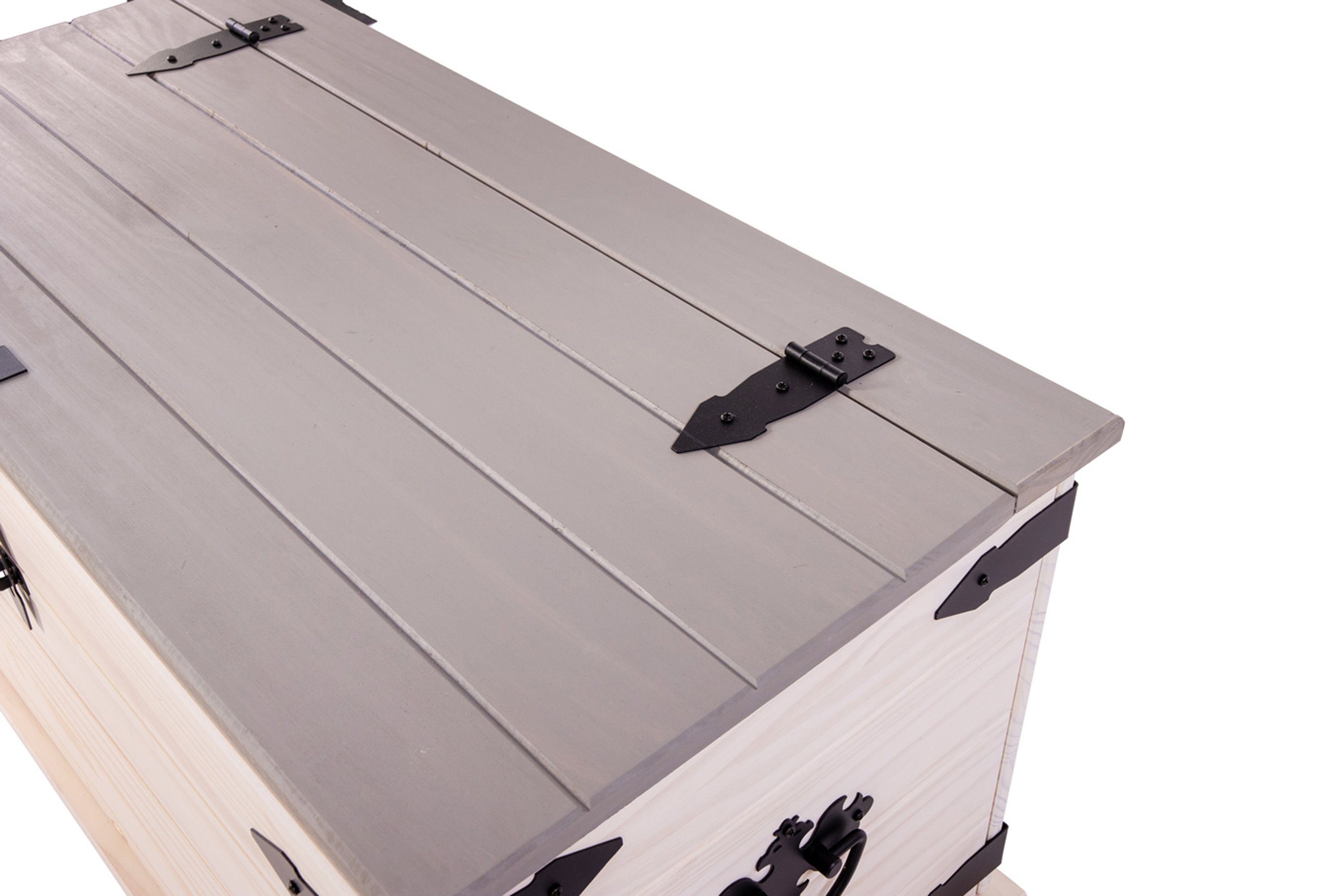 Junado® Truhentisch Merida, aus massivem Pinienholz, Mexiko-Design, weiß lasiert, graue Deckplatte