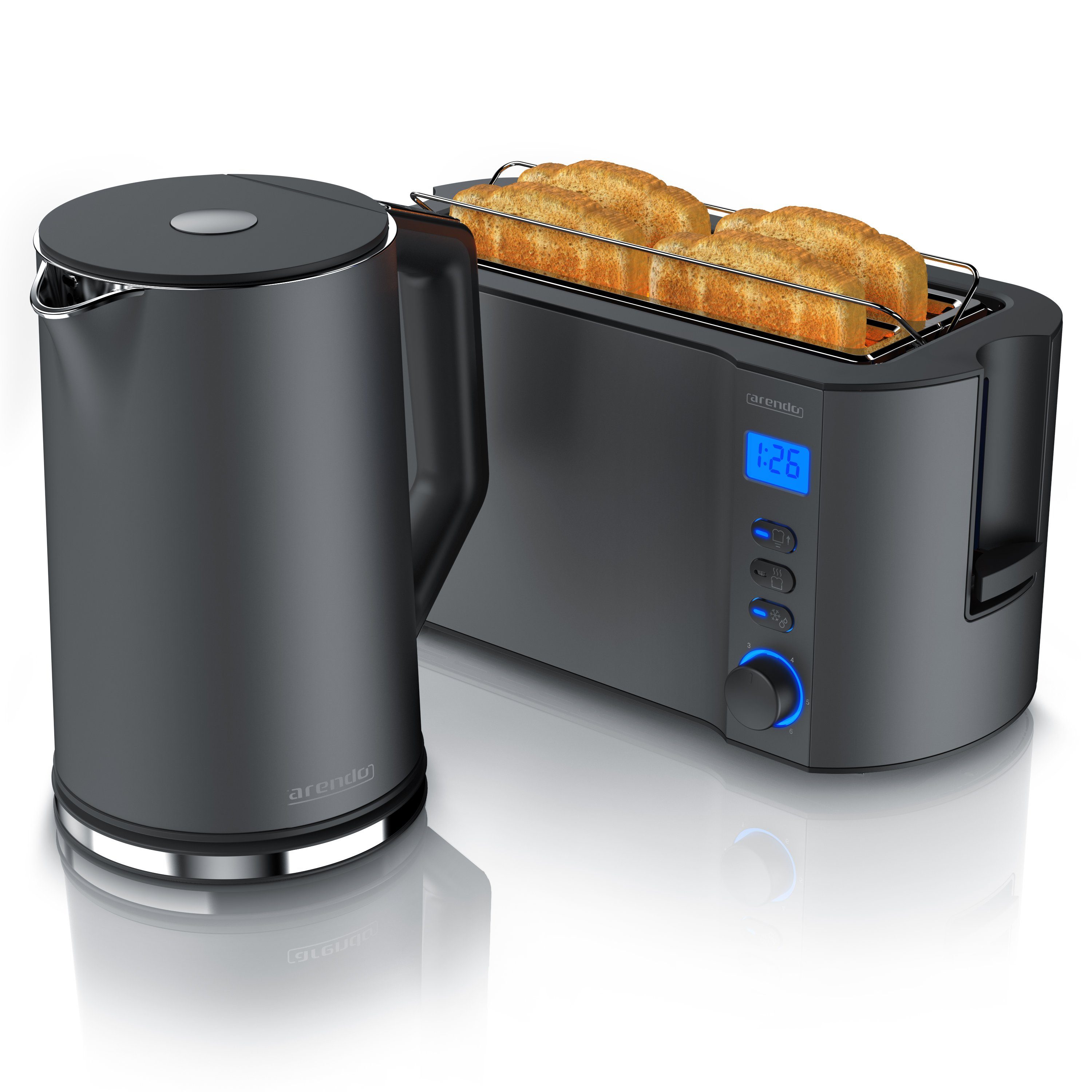 Arendo Frühstücks-Set (2-tlg), Edelstahl Wasserkocher 1,5l, 4-Scheiben Langschlitz Toaster, Grau