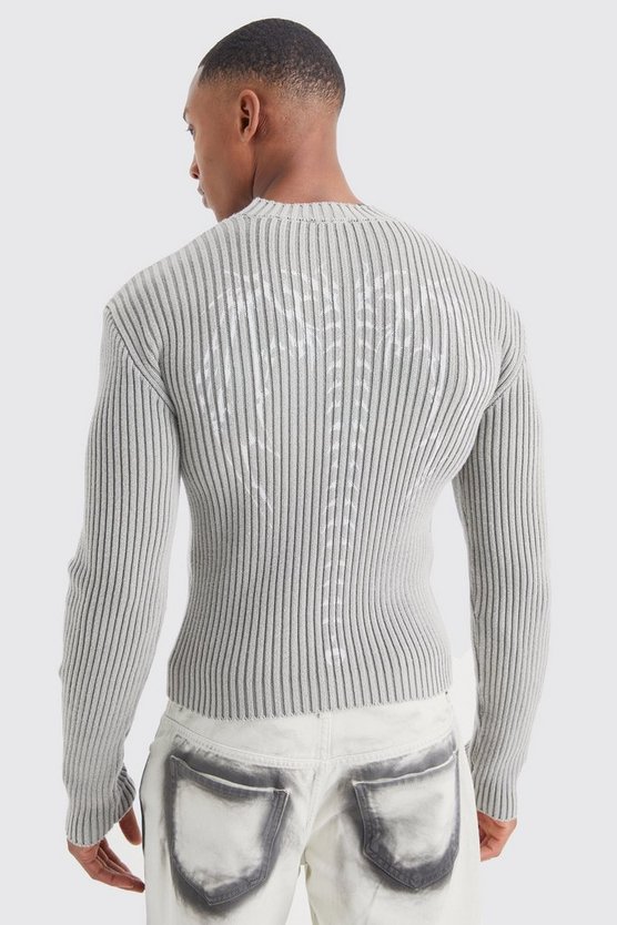 Gerippter Muscle-Fit Strickpullover mit Acid-Waschung