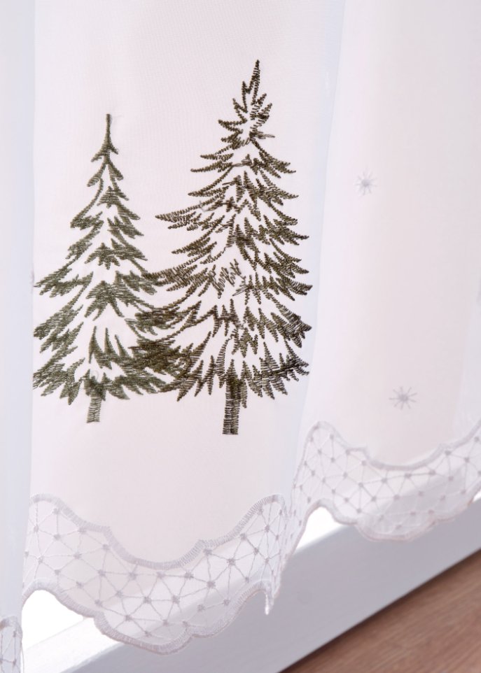 Scheibengardine mit Tannenbaum Stickerei