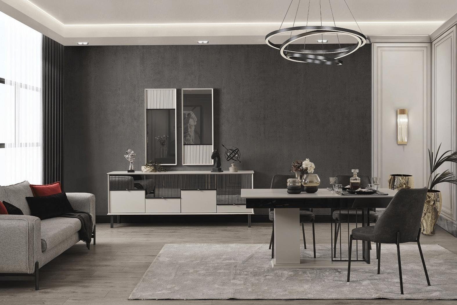 JVmoebel Esszimmer-Set Moderne Essgruppe Designer Esszimmergarnitur Esstisch Stühle, (9-St., Esstisch, 6x Stühle, Sideboard, 2x Spiegel), Made in Europa