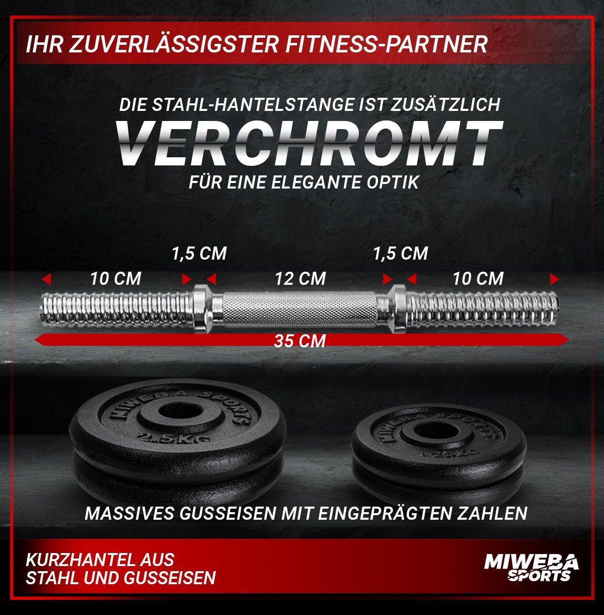 Miweba Sports Hantel-Set Profi Fitness Kurzhantel MKH110, (Einzelhantel 1x 10 kg, Stange mit 30 mm Standardnorm, rutschfest mit Sternverschluss, Hantelstange aus Stahl, kreuzgerändelt, 2x Hantelscheiben 2,5 kg & 1.25 kg, Krafttraining, Muskelaufbau,