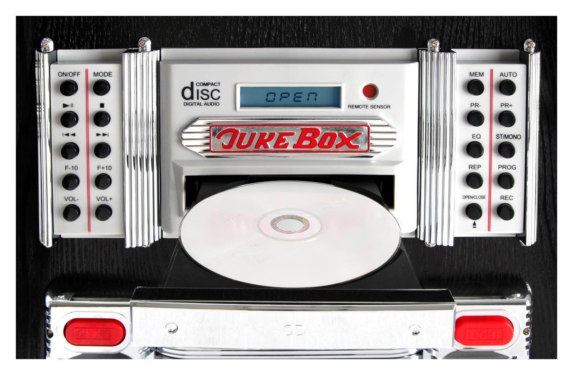Beatfoxx GoldenAge XXL Jukebox mit Plattenspieler inkl. Untergestell Stereoanlage (UKW/MW-Radio, 60 W, Retro Musikbox mit LED-Beleuchtung, CD-Player, Bluetooth, USB-SD, AUX)