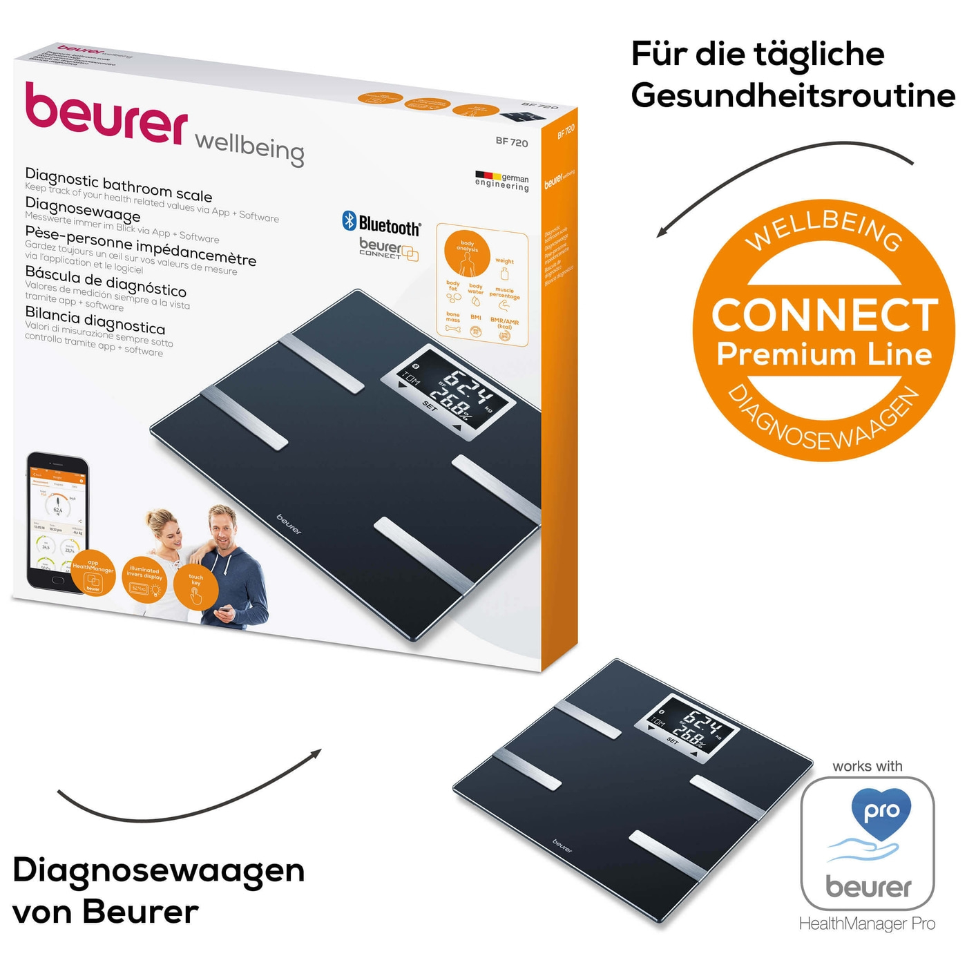 Beurer Diagnosewaage BF 720-Körperanalysewaage mit BMI Berechnung & App-Anbindung - bis 180 kg
