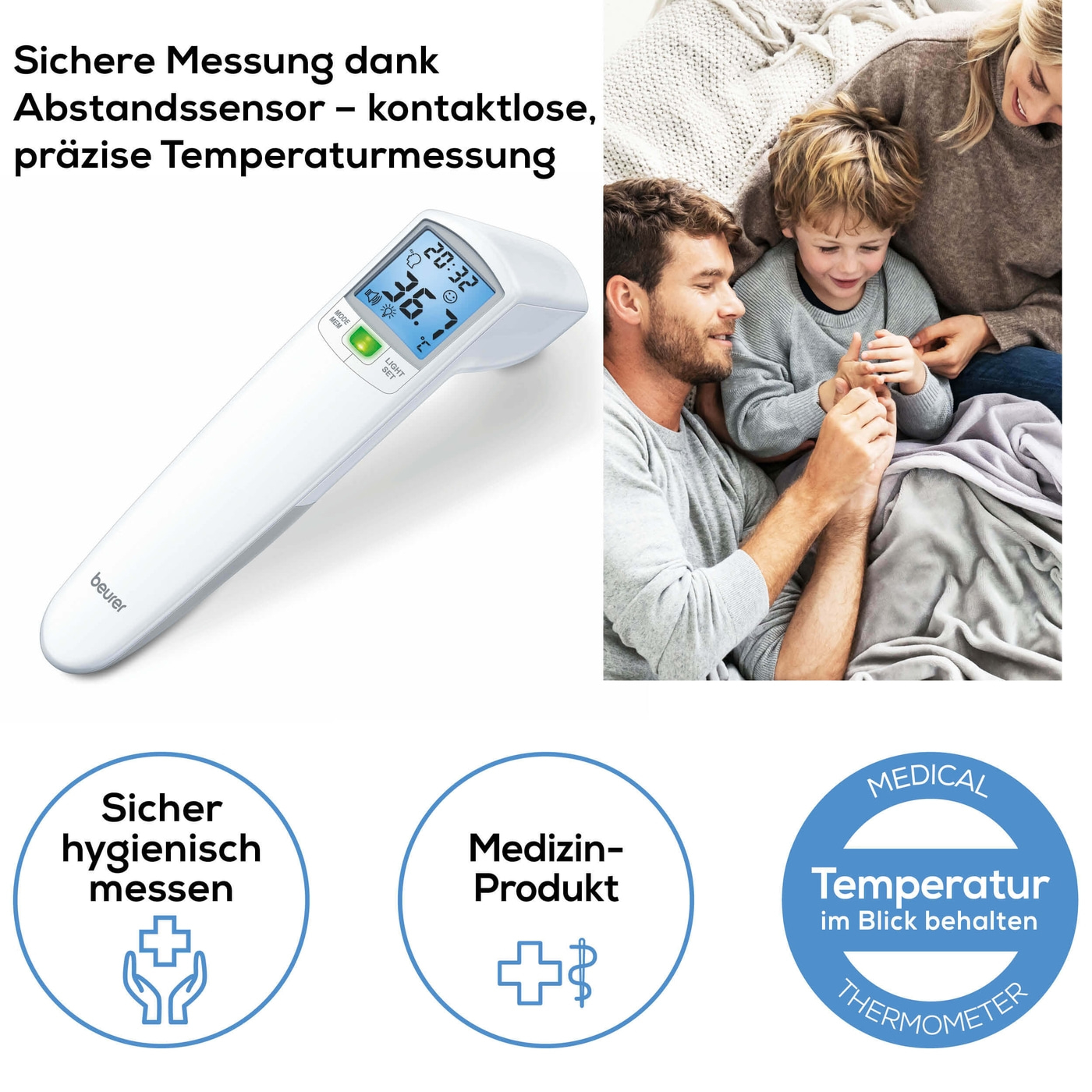 Beurer kontaktloses Thermometer FT 100-Misst die Körper-, Umgebungs- & Oberflächentemperatur mit Infrarot-Messtechnik