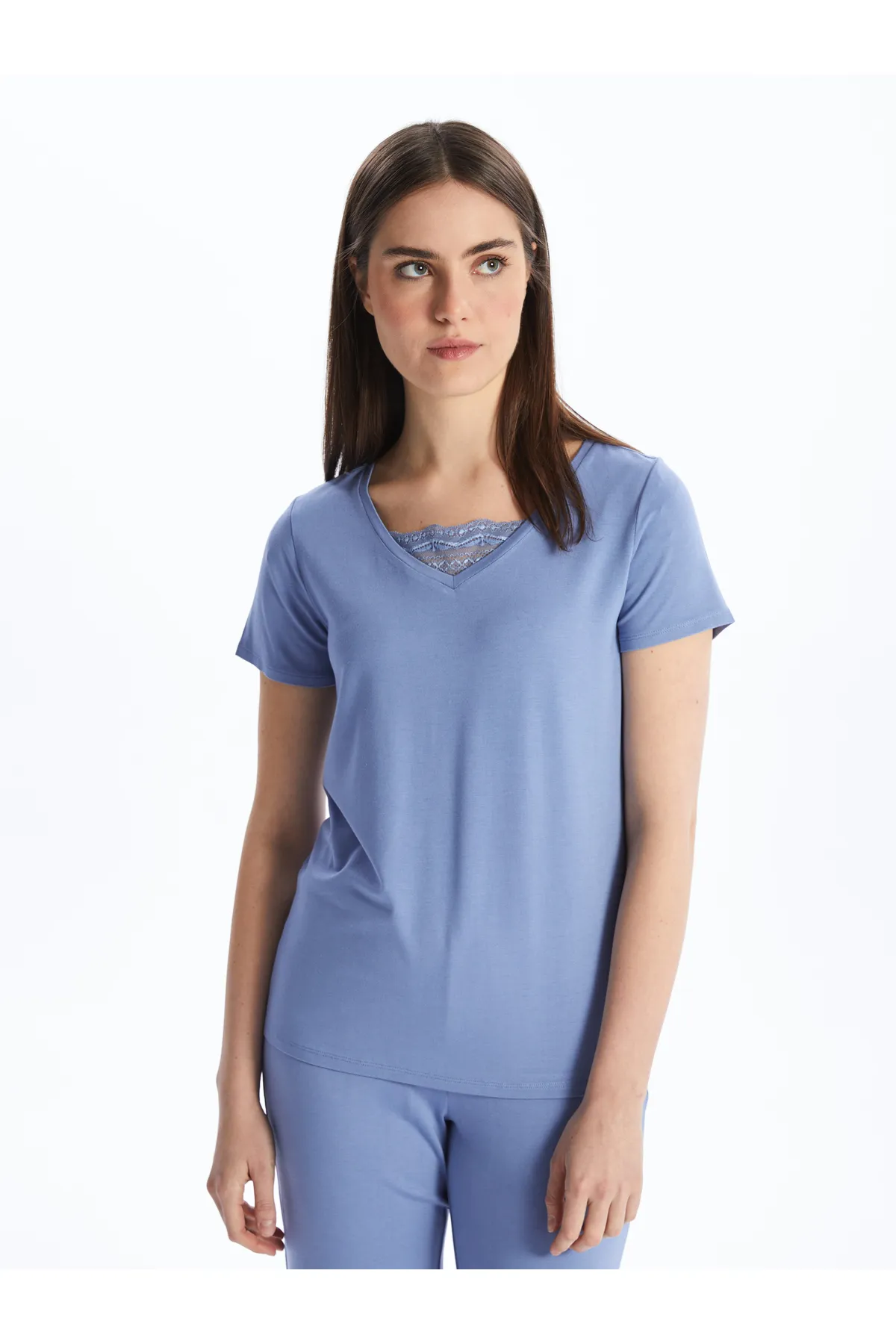 LC Waikiki  Einfarbiges, kurzärmliges Damen-Capri-Pyjama-Set mit V-Ausschnitt