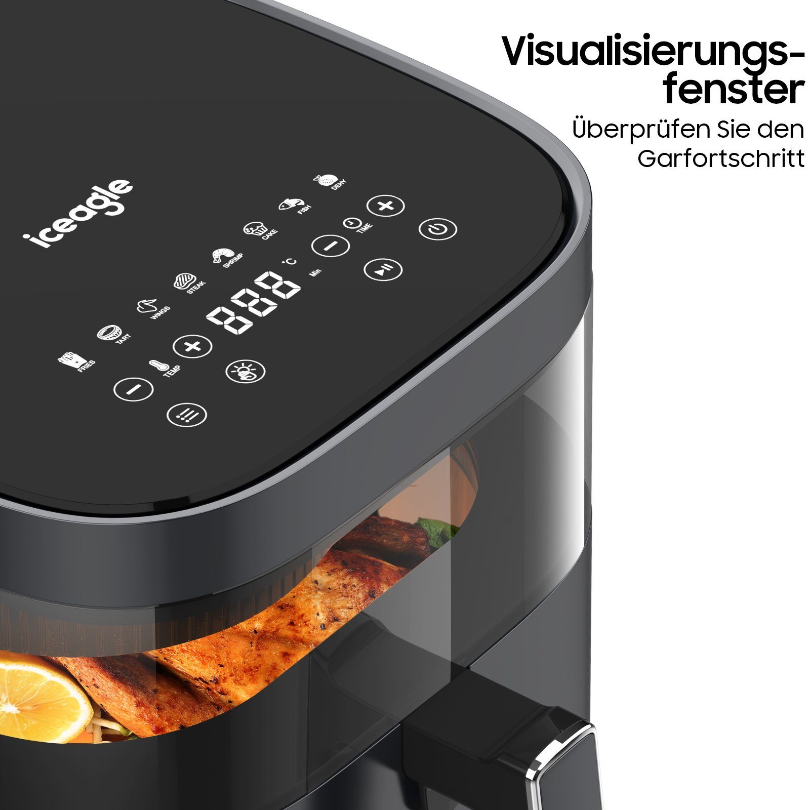 iceagle Heißluftfritteuse AirFryer KDF-615A 6.7L Heißluftfritteuse Luftfritteuse, 1700,00 W, Sichtbares Sichtfenster, 8 Voreingestellte Funktionen, Digitalem LED-Touchscreen, Einstellbare Temperaturregelung, Grau