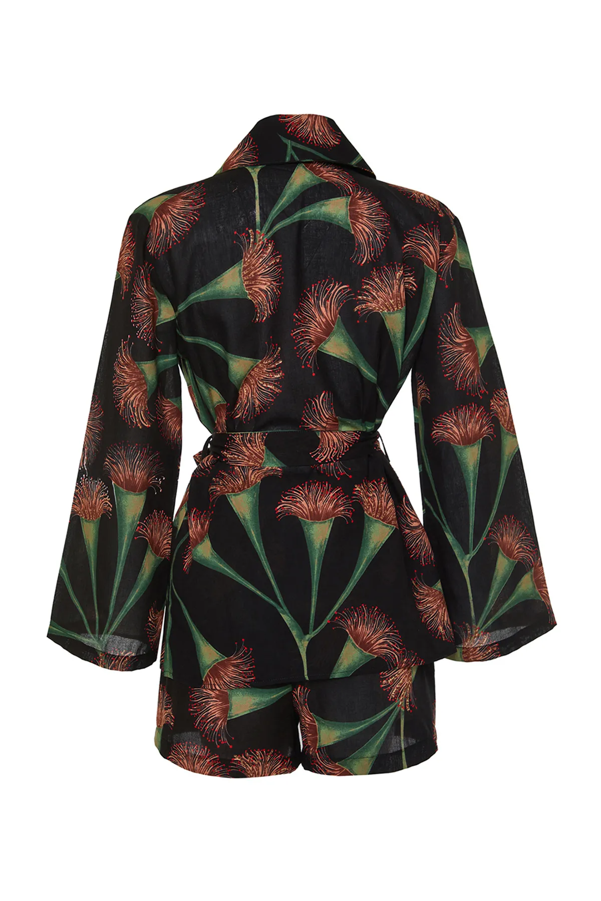 Trendyol Collection  Gewebtes Kimono-Shorts-Set aus 100 % Baumwolle mit Blumenmuster und Gürtel TBESS24AU00012