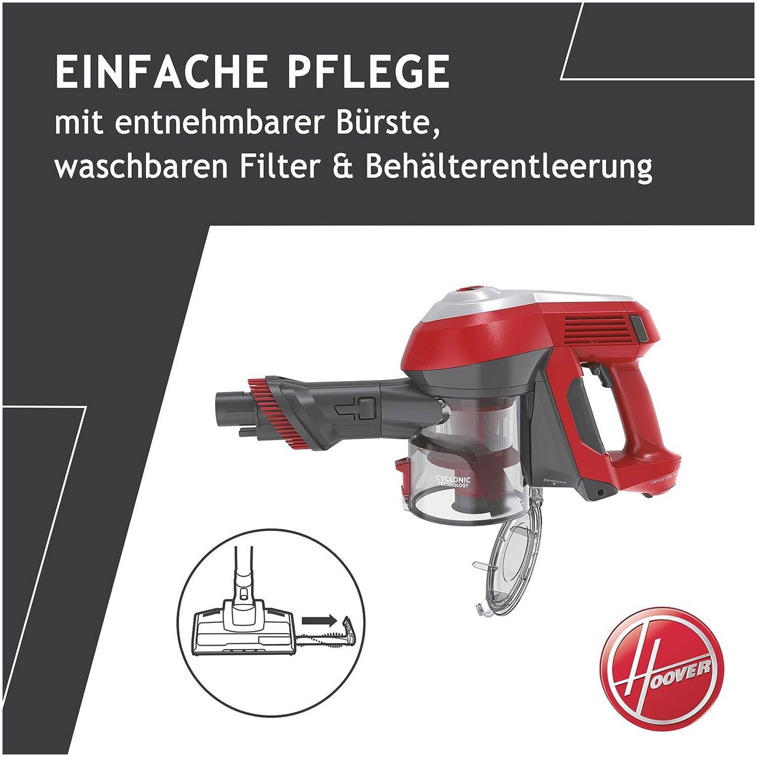 Hoover Akku-Hand-und Stielstaubsauger HF 122RH-11, 170 W, beutellos, Boden- & Handsauger in Einem, 22 V, LED-Licht, Turbo, 0,9 l Behälter
