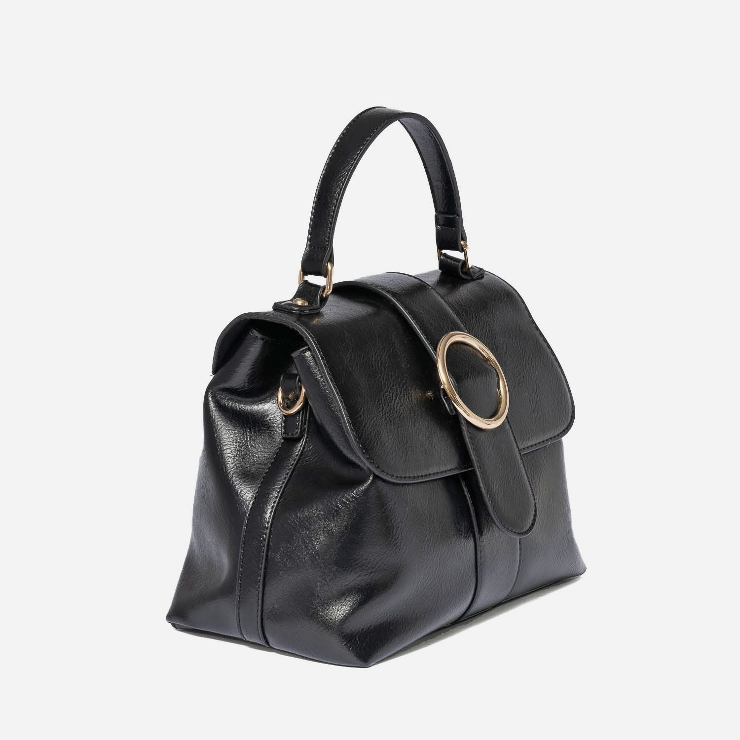 Sac à main noir avec boucle ronde métal