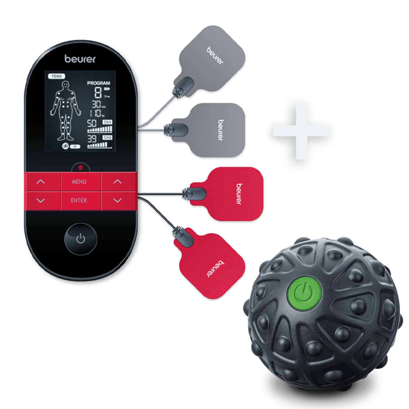 Beurer Digital TENS/EMS EM 59 mit Wärmefunktion & Massageball MG 10-Unser einzigartiges Bundle zur Schmerztherapie, Muskelstimulation und Massage