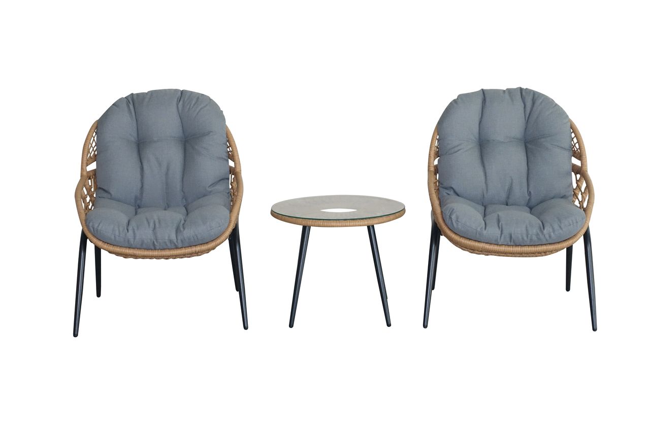 Happy Home Happy Home Dining-Set 3 tlg. HGS39-GRA helles Rattan mit Sitzkissen in grau