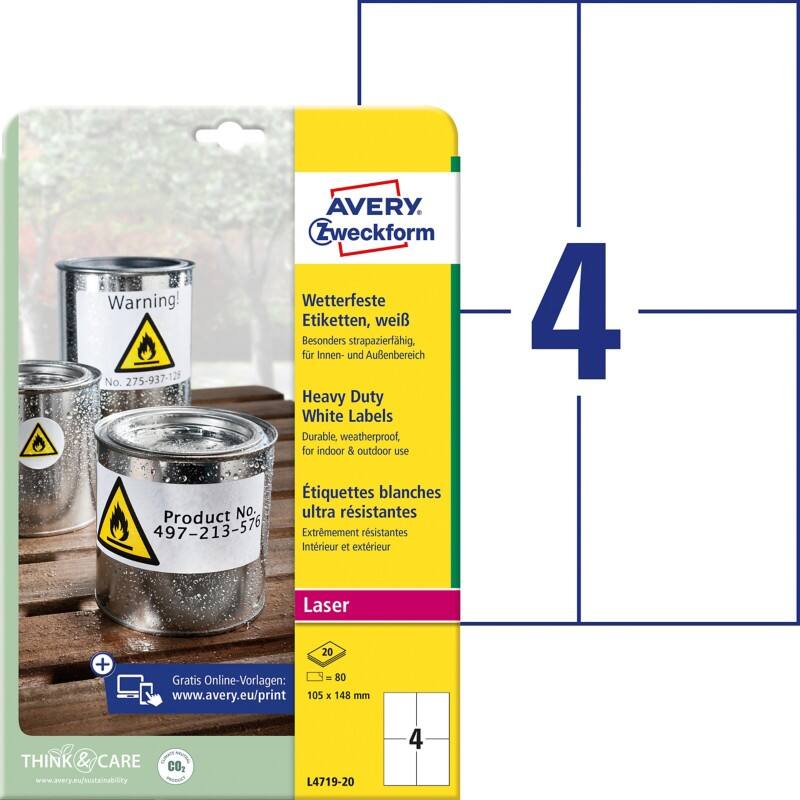 AVERY Zweckform Wetterfeste Etiketten L4719-20 Selbsthaftend DIN A4 Weiß 105 x 148 mm 20 Blatt à 4 Etiketten