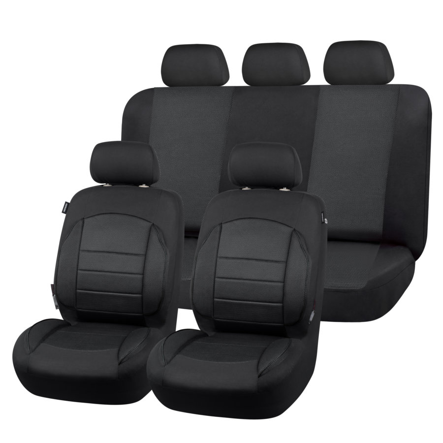 NORAUTO Sitzbezug-Komplettset 11-teilig für PKW´s, Design NEPTUNE schwarz, mit eingearbeiteten Sitz- und Rückenpolster - ATU