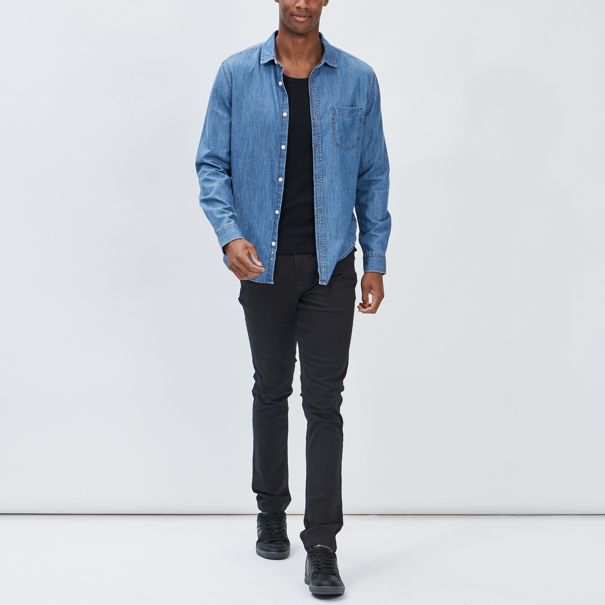 Chemise droite manches longues denim double stone homme | La Halle