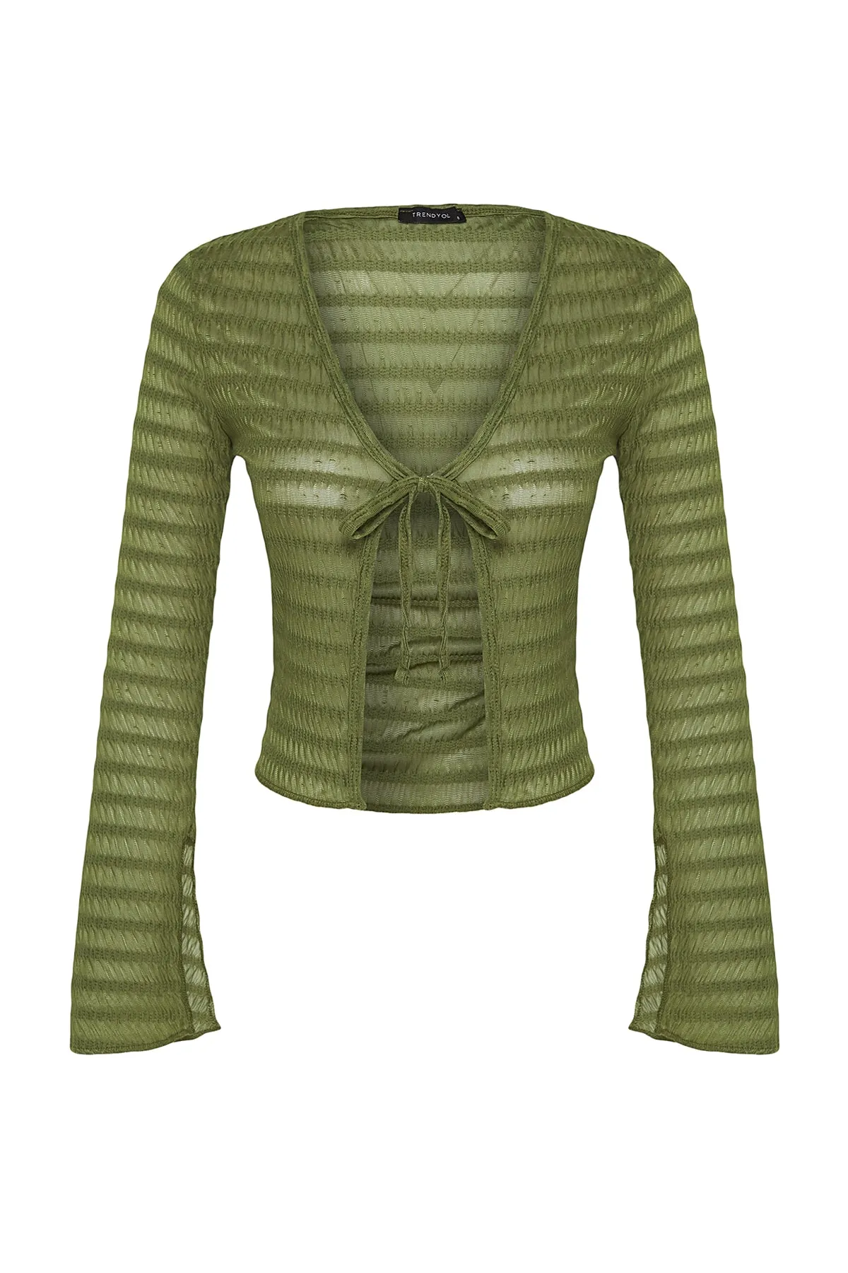 Trendyol Collection  Khakifarbene Premium-Strickbluse mit detailliertem, strukturiertem V-Ausschnitt und dehnbarer Krawatte TWOSS23BZ00796