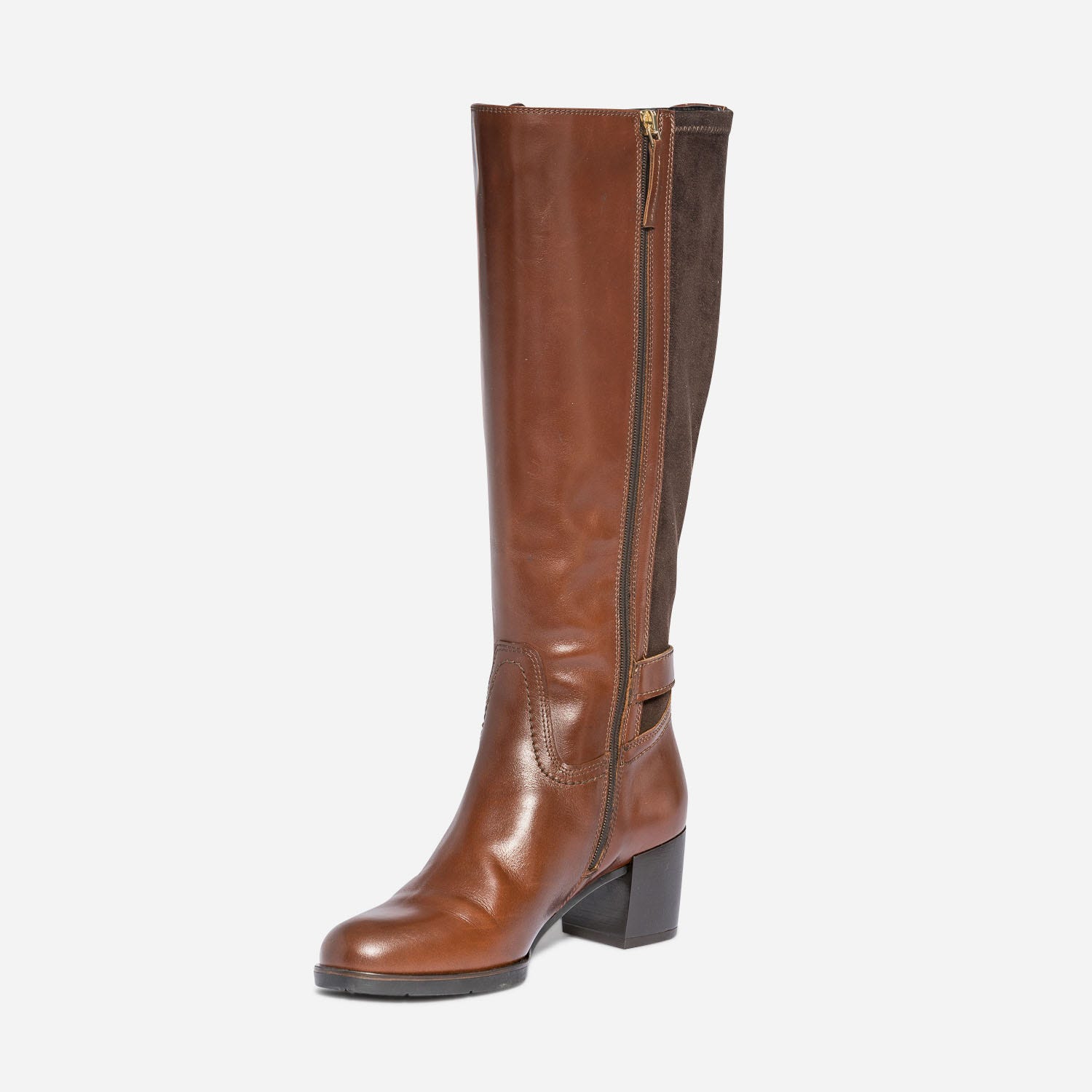 Botte à talon cognac en cuir pour mollet fin