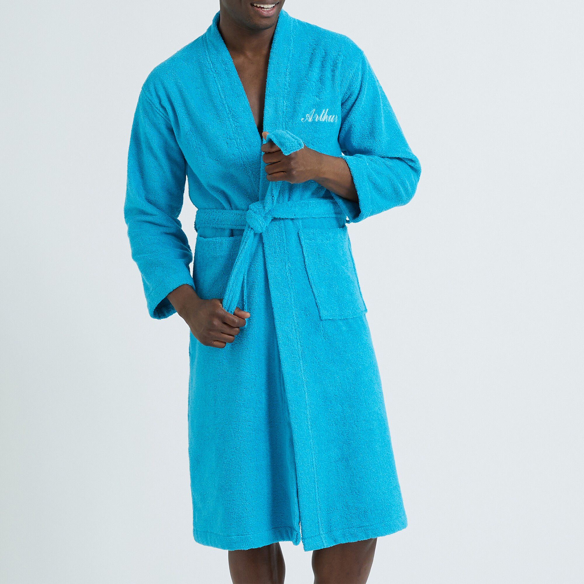 Peignoir mixte adulte uni coton éponge bouclette col kimono personnalisé