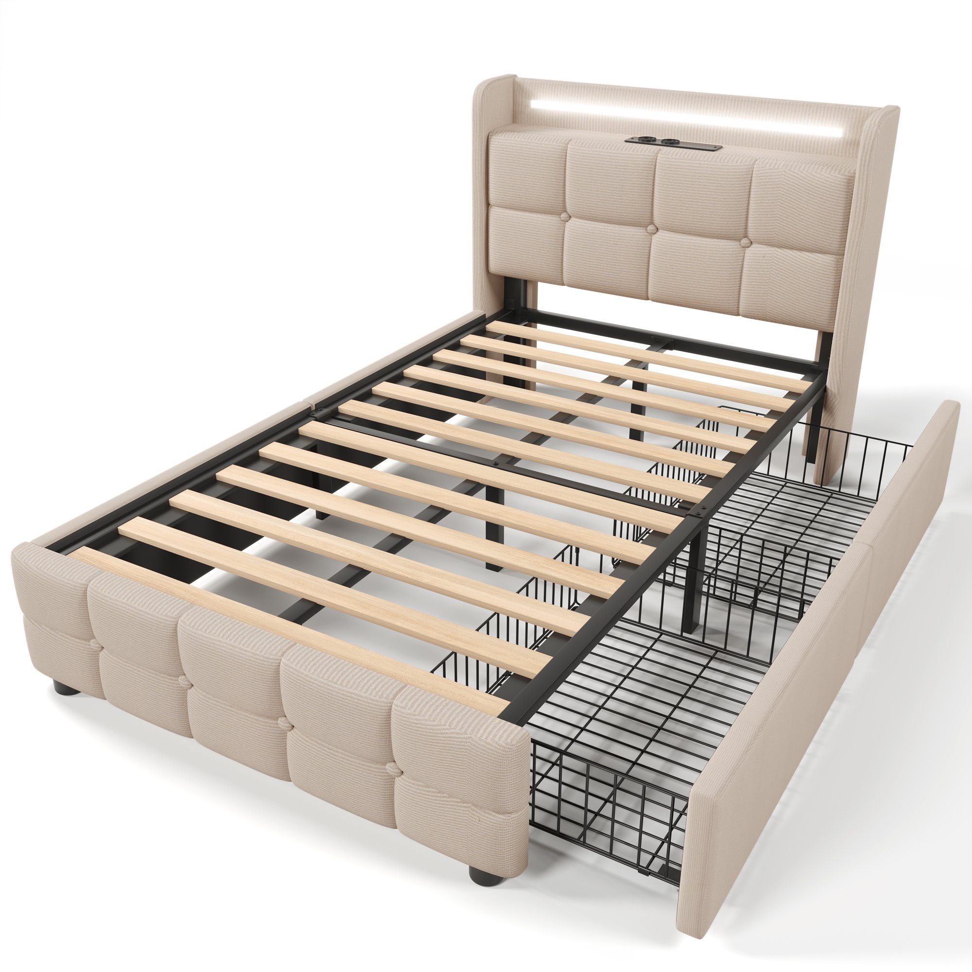 REDOM Polsterbett (mit aufladen USB Ladefunktion LED-Beleuchtung und 2 Schubladen, 90 x 200 cm ohne-Matratze)