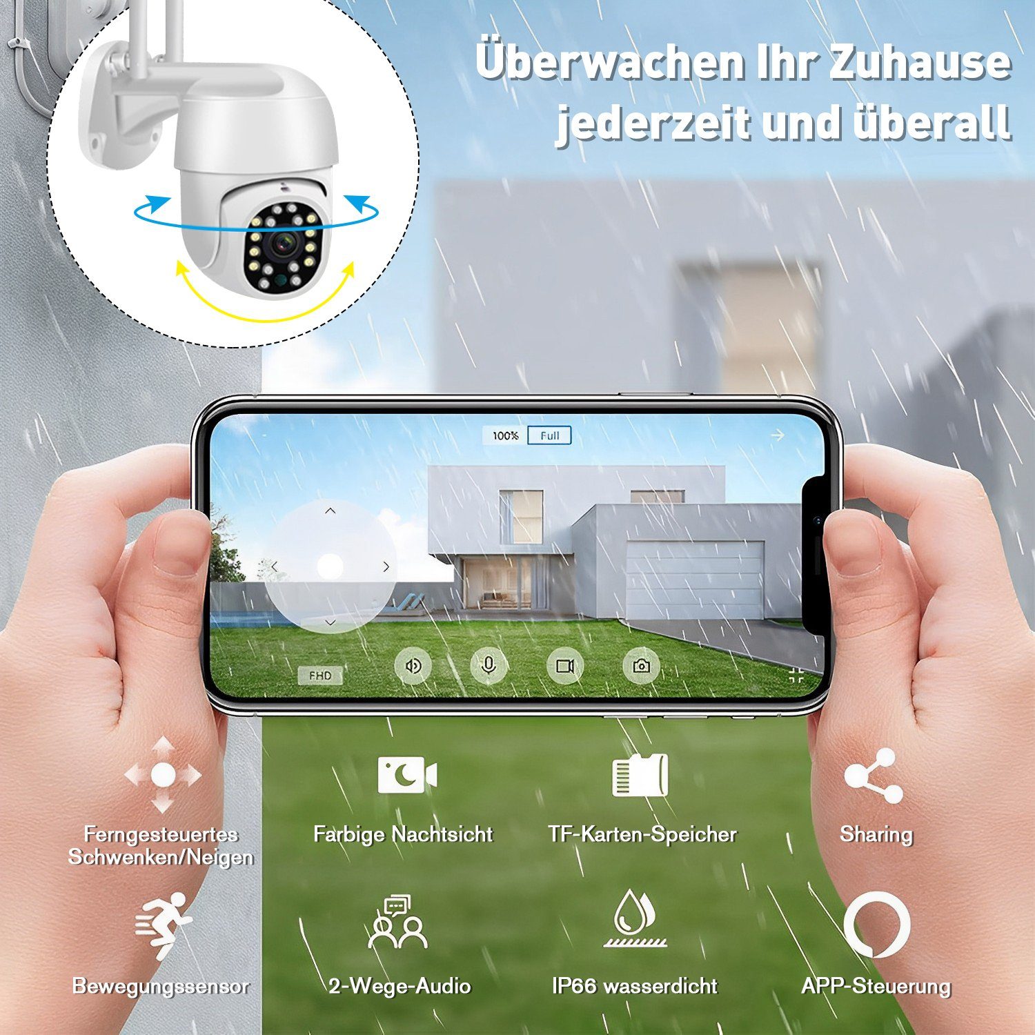 Kpaloft 5G-Dualband-WLAN Überwachungskamera (für Innen/Außen, FHD 1080P Kamera, 320°/90° verstellbar, Nachtsicht, Bewegungserkennung, APP, Zwei-Wege-Audio, Ton- und Lichtwarnung, für Wohnzimmer/Hof/Lager/Bauernhof/Garten)