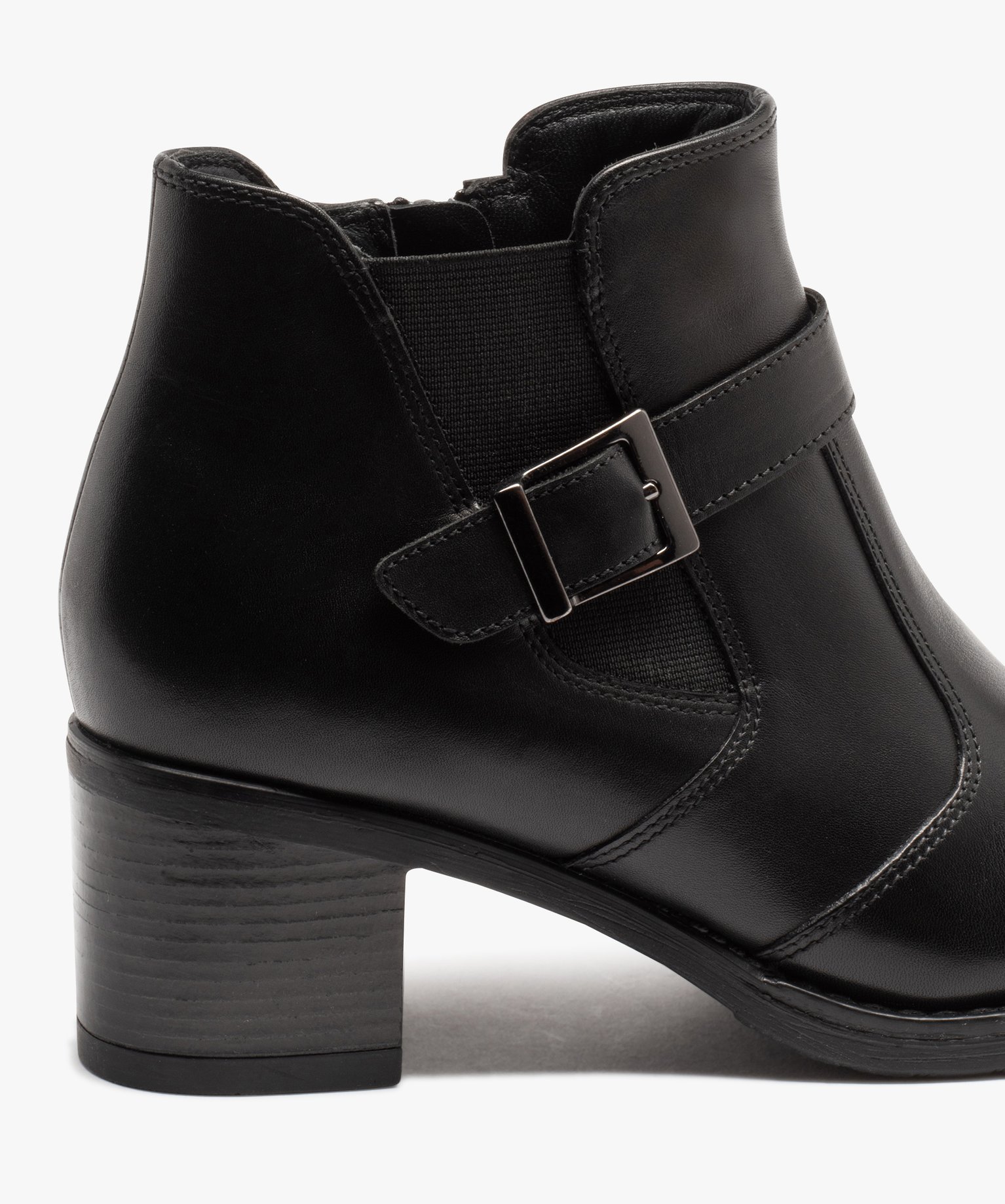 Boots femme dessus en cuir uni à talon carré noir | GEMO