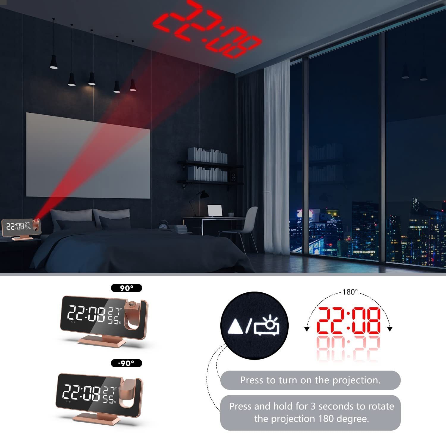 Mutoy Projektionswecker Projektionswecker, Projektions Radio Wecker digital mit Dual-Alarm 180° Projektor,LED-Anzeige, Snooze,4 Projektionshelligkeit,32FM Radio
