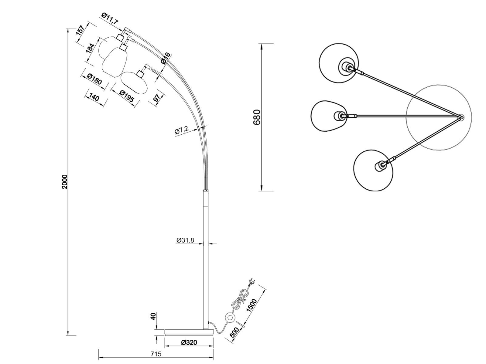 meineWunschleuchte LED Stehlampe, Dimmfunktion, LED wechselbar, Warmweiß, große Designer Leselampe dimmbar, schwarz, Kugel Rauchglas Höhe 200cm
