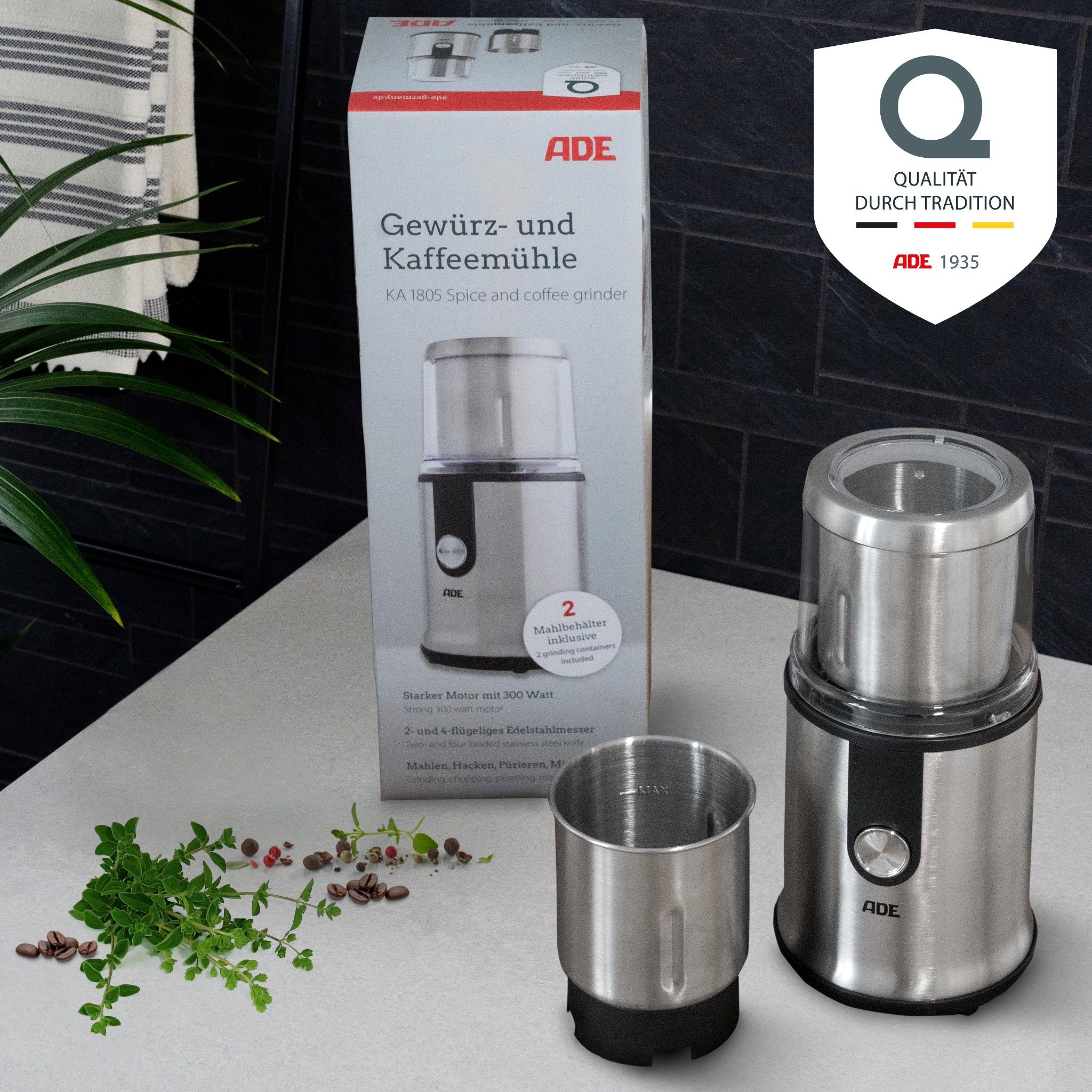 ADE Kaffeemühle Elektrische Kaffeemühle mit 2 Mahlbehältern für Kaffee, Kräuter, Pesto, 300 W, Schlagmesser, 80,00 g Bohnenbehälter, stufenloser Mahlgrad, scharfe Edelstahlklingen, starker Motor