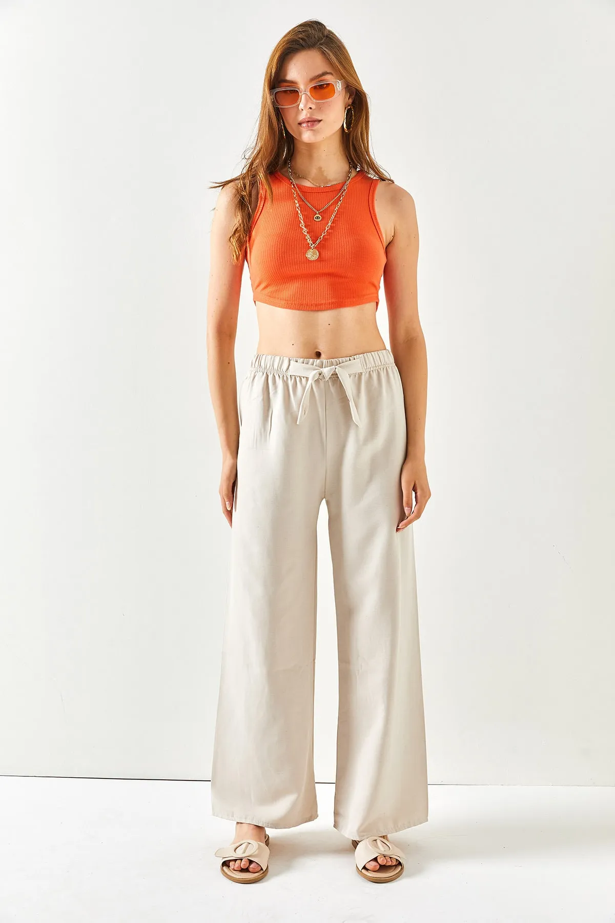 Olalook  Damen-Palazzo-Leinenhose mit elastischem Bund und Schnürung in Steinoptik PNT-19000219