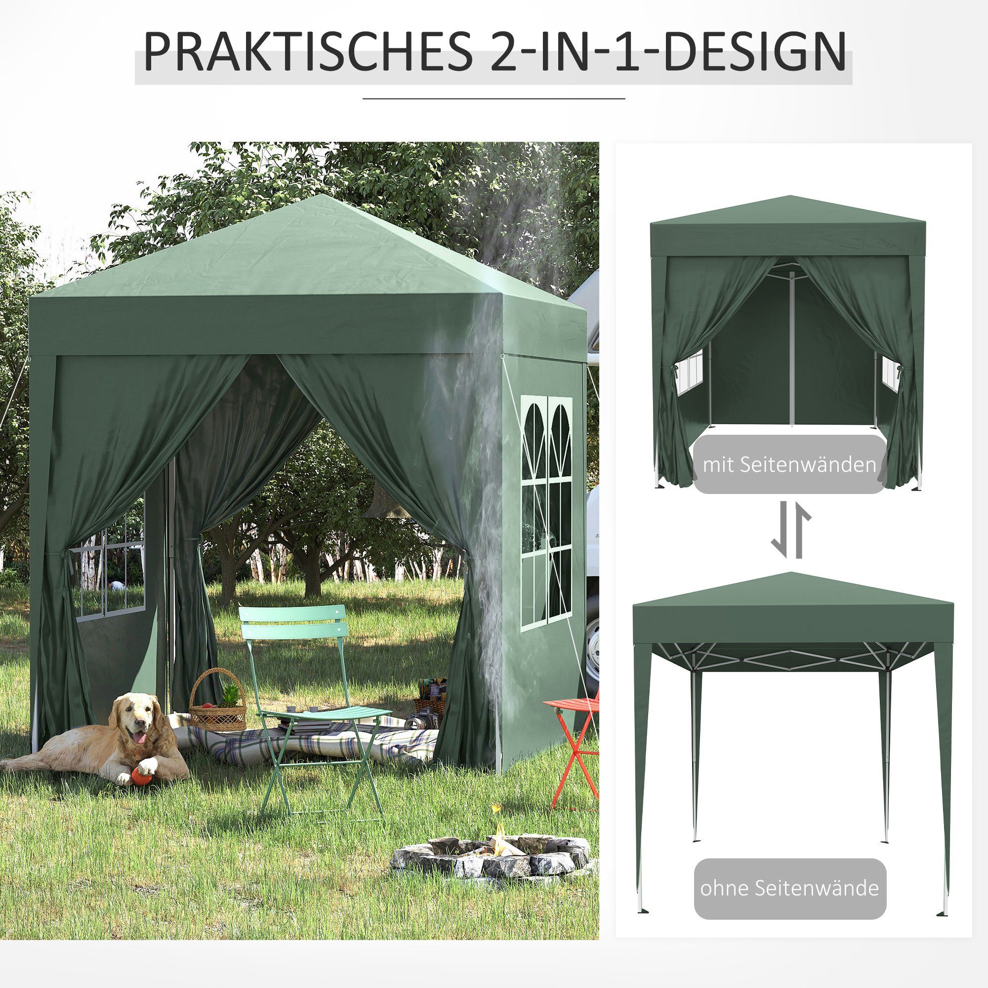 Outsunny Faltpavillon 2 x 2m Pavillon mit 4 Seitenwänden, Fenster, Festzelt mit UV-Schutz, mit 4 Seitenteilen, (Gartenzelt, Festzelt), BxT: 200x200 cm, Gartenzelt mit UV-Schutz