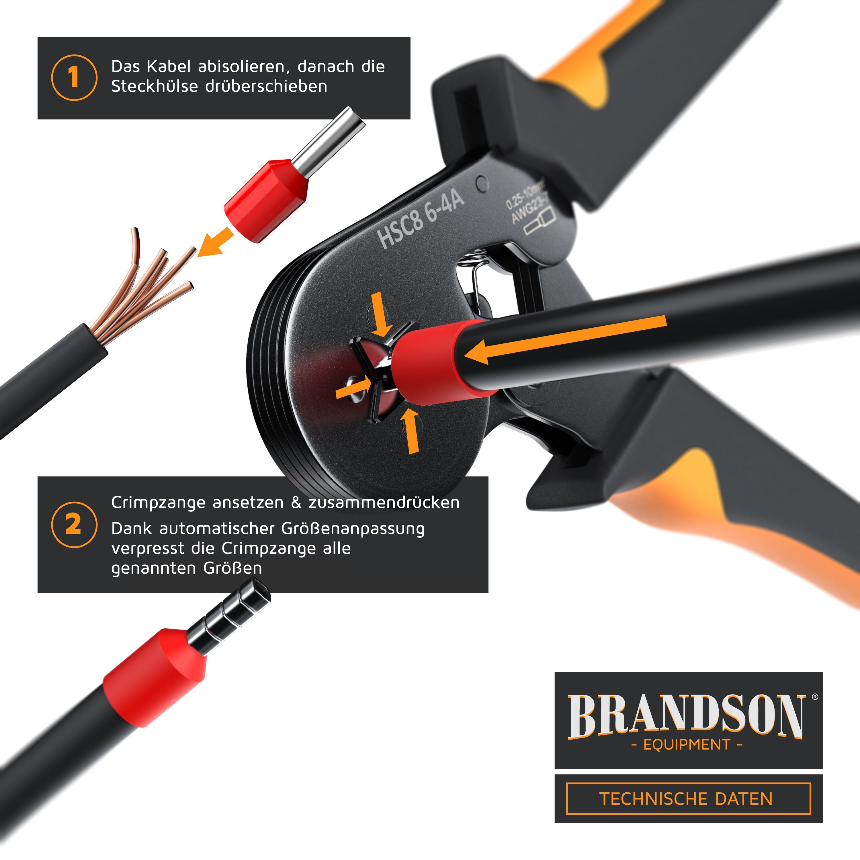 Brandson Abisolierzange, Crimpzange mit 1200 Aderendhülsen, Aderendhülsenzange 0,25mm² – 10mm²