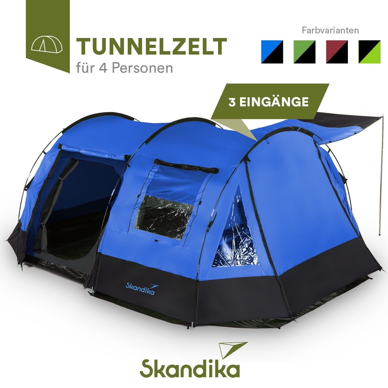 Skandika Tunnelzelt Kambo 4 Personen, 3 Eingänge, 2 m Stehhöhe, Zelt mit Schlafkabine für 4 Mann, Wasserdicht mit 3000 Wassersäule