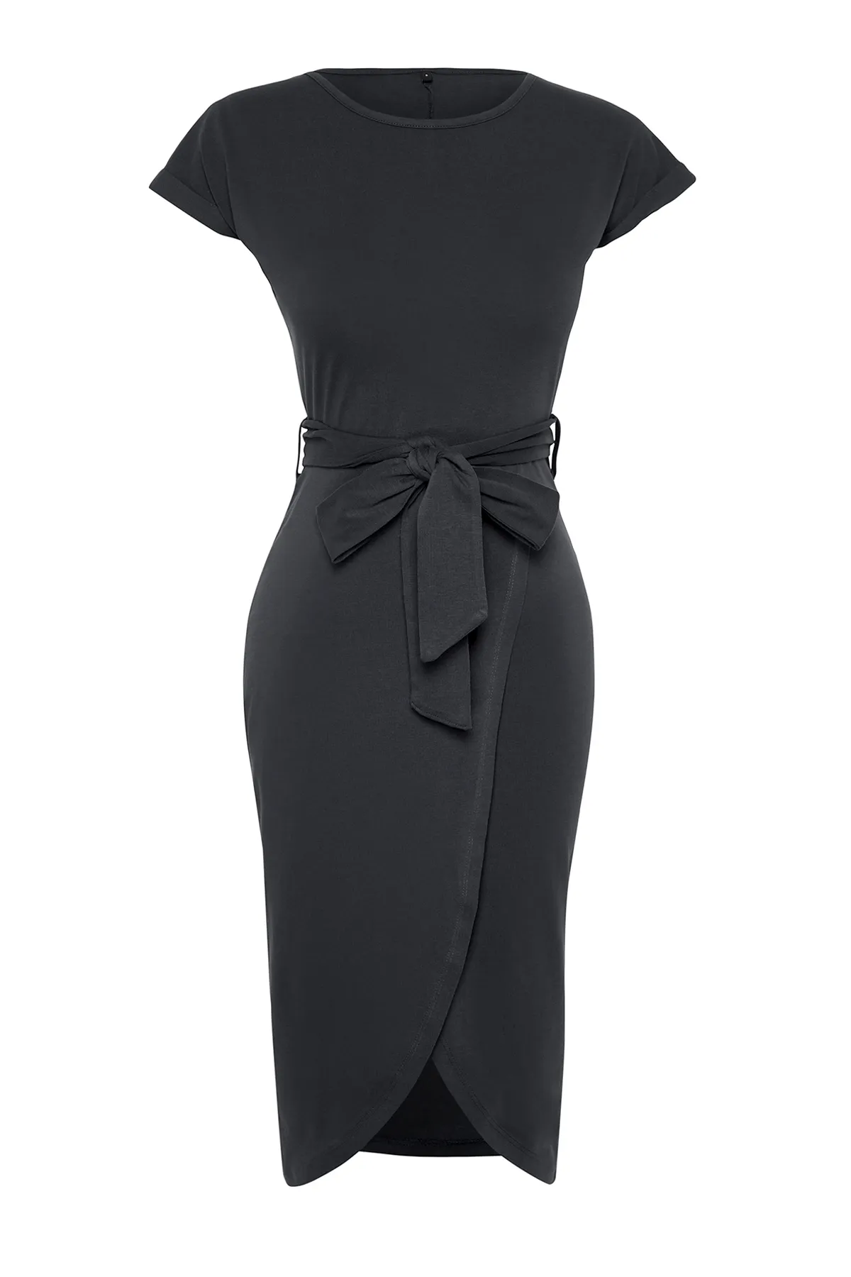 Trendyol Collection  Anthrazitfarbenes Midi-Strick-Maxikleid aus 100 % Baumwolle mit zweireihigem Verschluss und Gürtel, TWOSS24EL00118