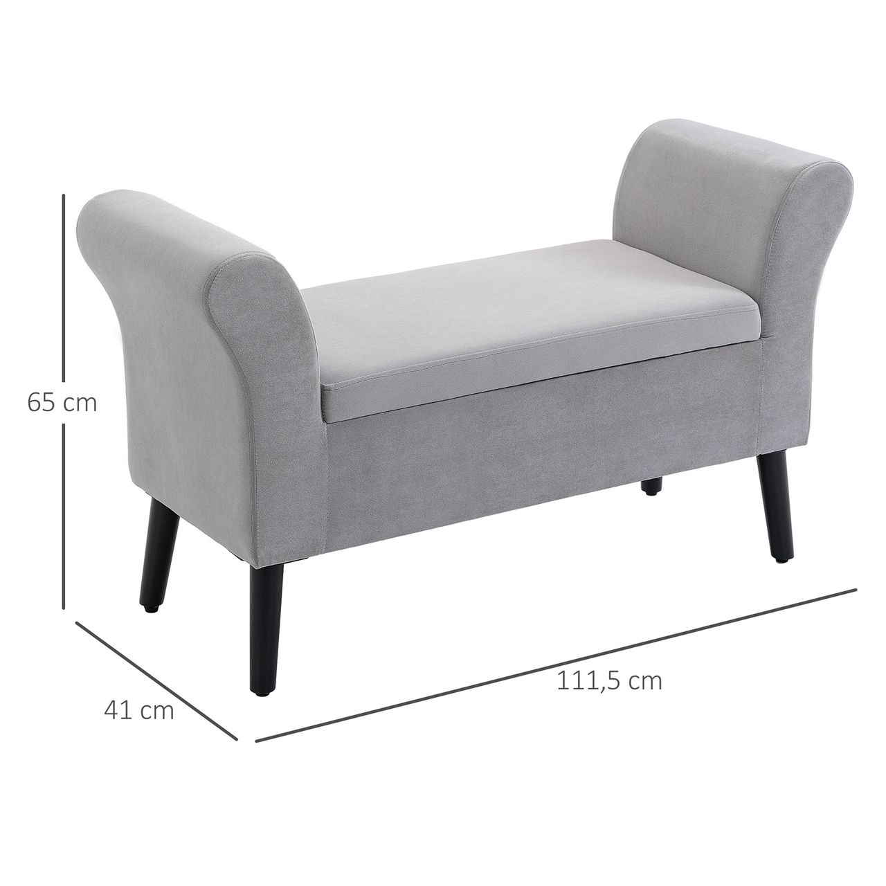 HOMCOM Sitzbank Polsterbank mit Stauraum Armlehnen Truhenbank modern Flur Schlafzimmer Wohnzimmer samtartiges Polyester Gummiholz Hellgrau 111,5 x 41 x 65 cm