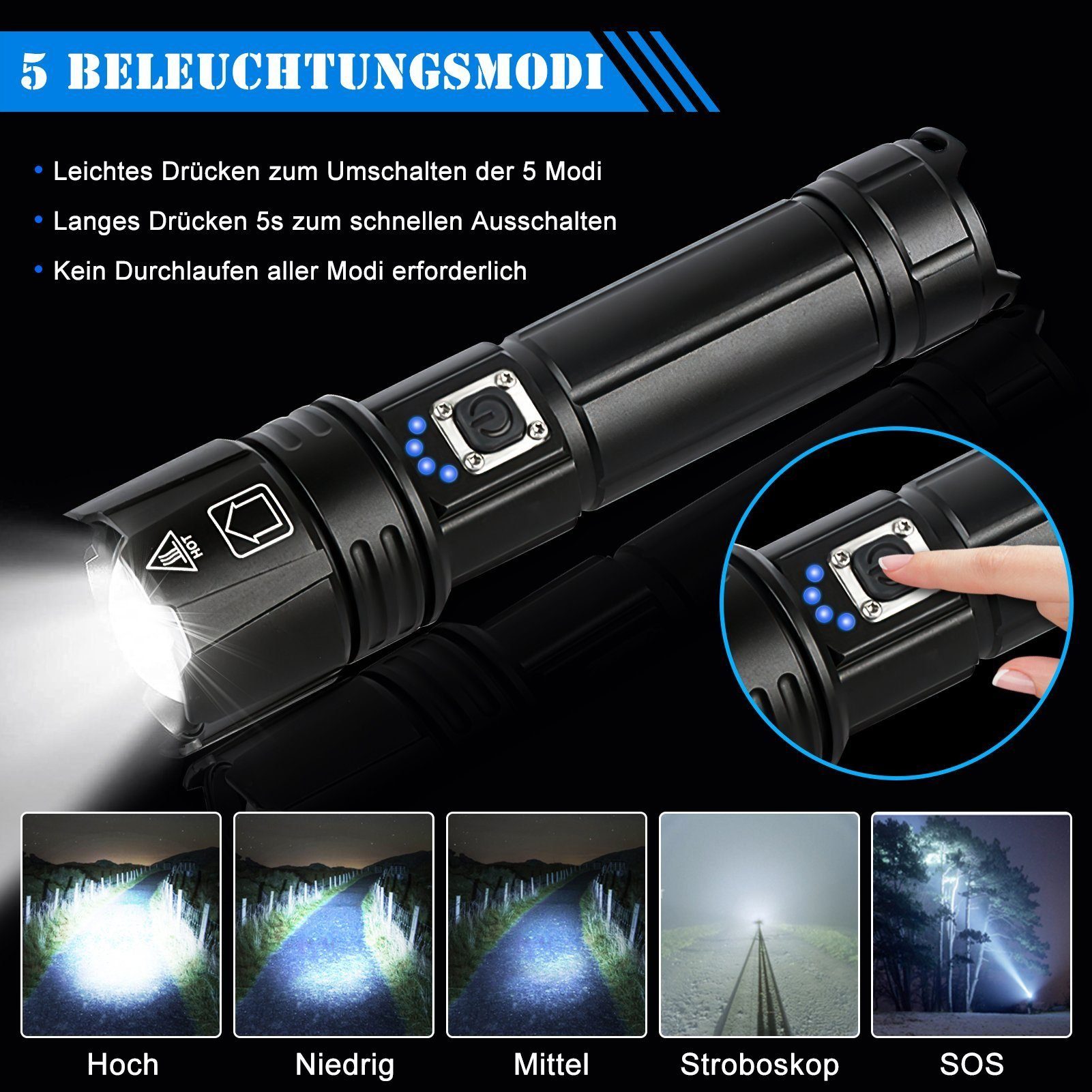 MDHAND Taschenlampe LED Aufladbar mit 5000 mAh AKKU 5 Beleuchtungsmodi IPX4 Wasserdicht, für Camping, Angeln, Outdoor und Notfälle