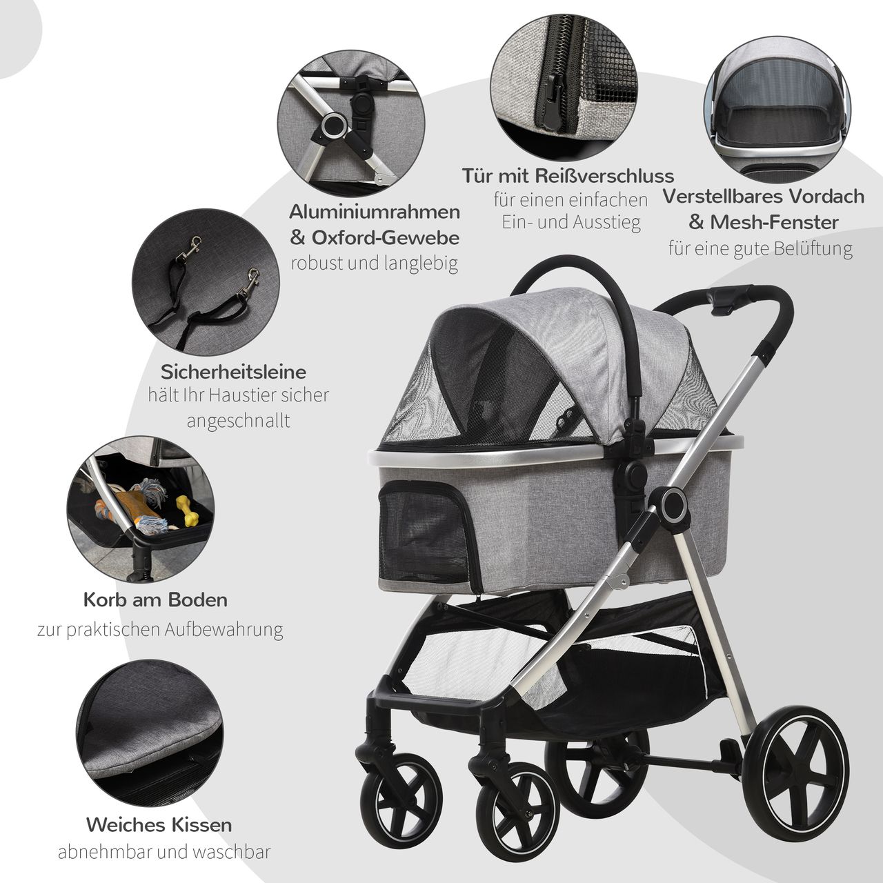 PawHut Hundewagen, 2 in 1 Hundetrolley, Tragetasche, faltbarer Hundebuggy, Grau
