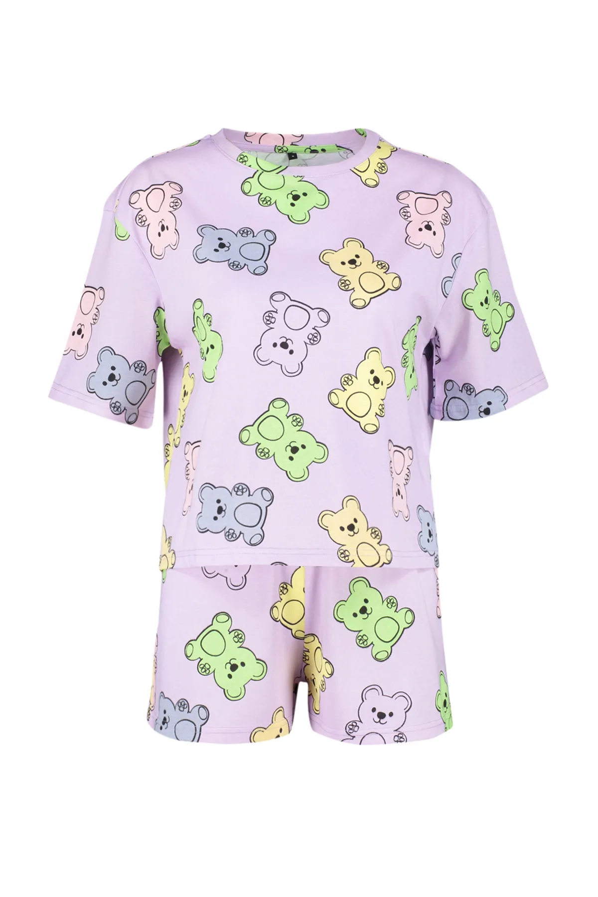 Trendyol Collection  Lilafarbenes, mehrfarbiges Strick-Pyjama-Set aus 100 % Baumwolle mit Teddybär-Muster THMSS24PT00072