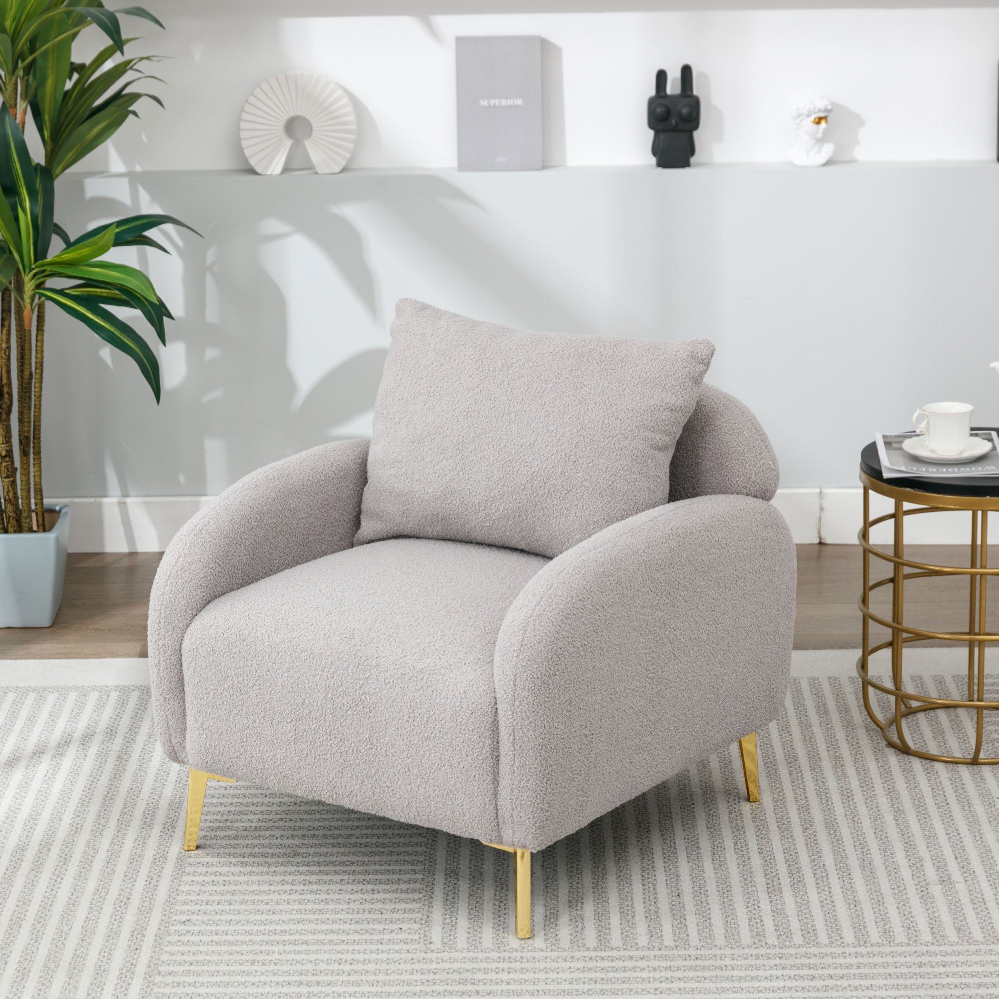 OKWISH Sessel Loungesessel Polstersessel Armlehnensessel Freizeitsessel Einzelsessel (Moderner und schlichter Teddy-Samtstuhl, mit Kissen, extra großer Einzelsessel mit breiter Sitzfläche), tiefer Sitzfläche, roségoldene Sofabeine