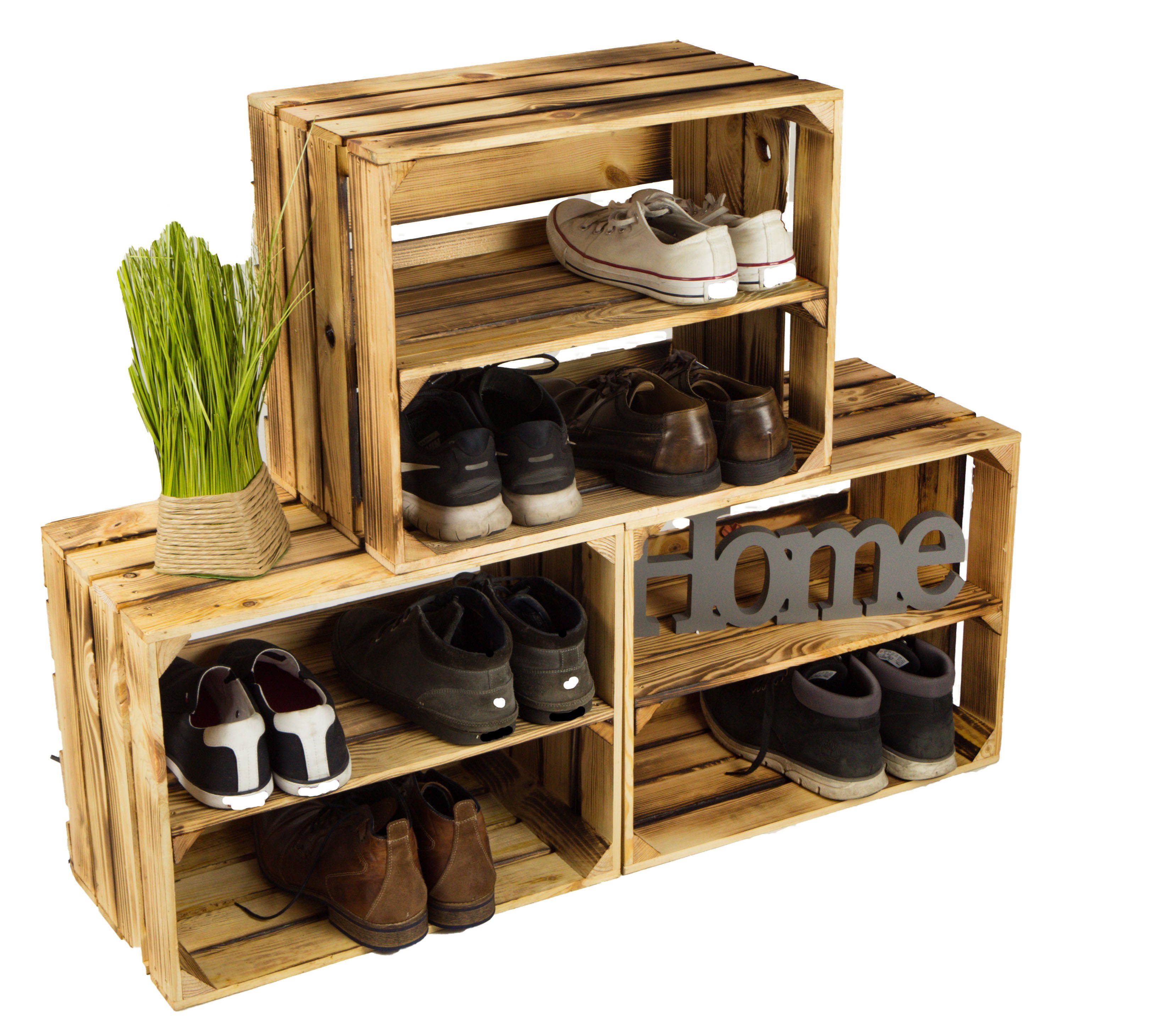 Kistenkolli Altes Land Allzweckkiste 3 x Massive geflammte Holzkisten Schuhregal Ablage (3er Set)