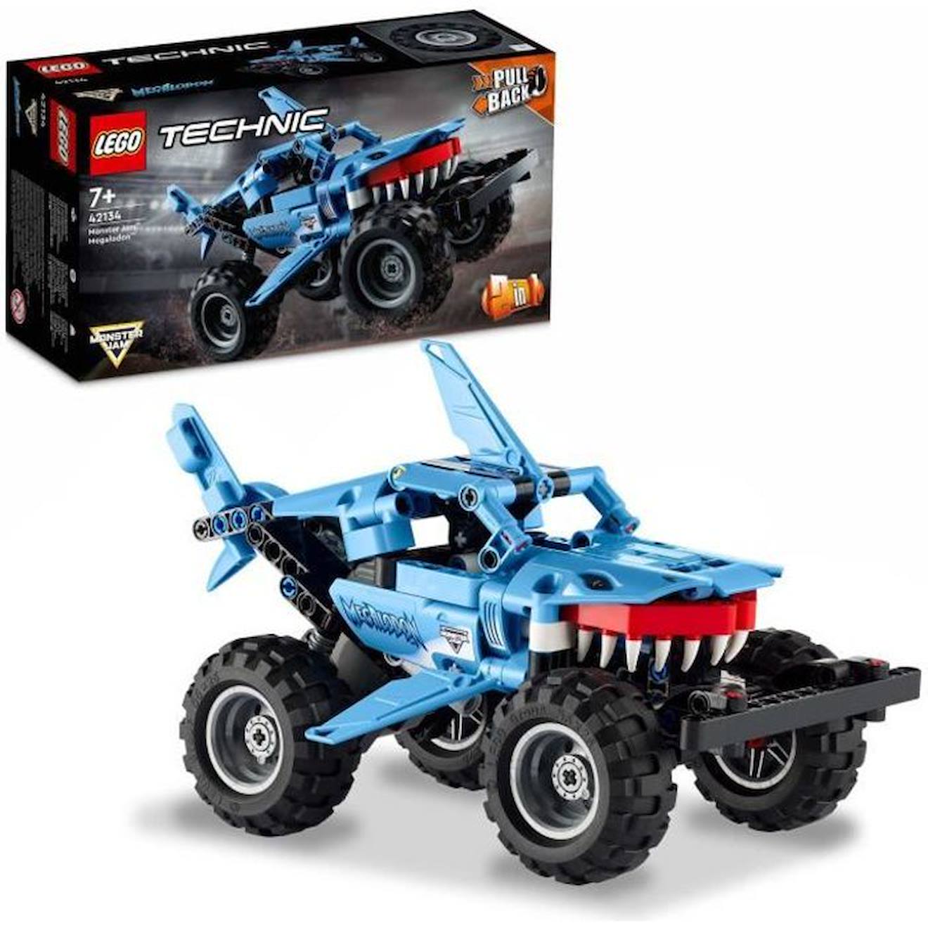 LEGO® 42134 Technic Monster Jam Megalodon, Voiture Jouet pour Enfants +7 Ans 2 en 1 Truck et Low Racer Lusca à Rétrofriction bleu