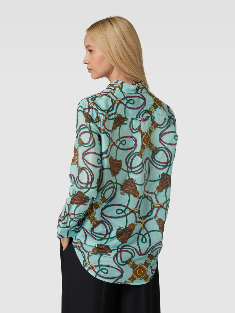 Bluse aus Baumwoll-Seide-Mix mit Allover-Muster in aqua blau