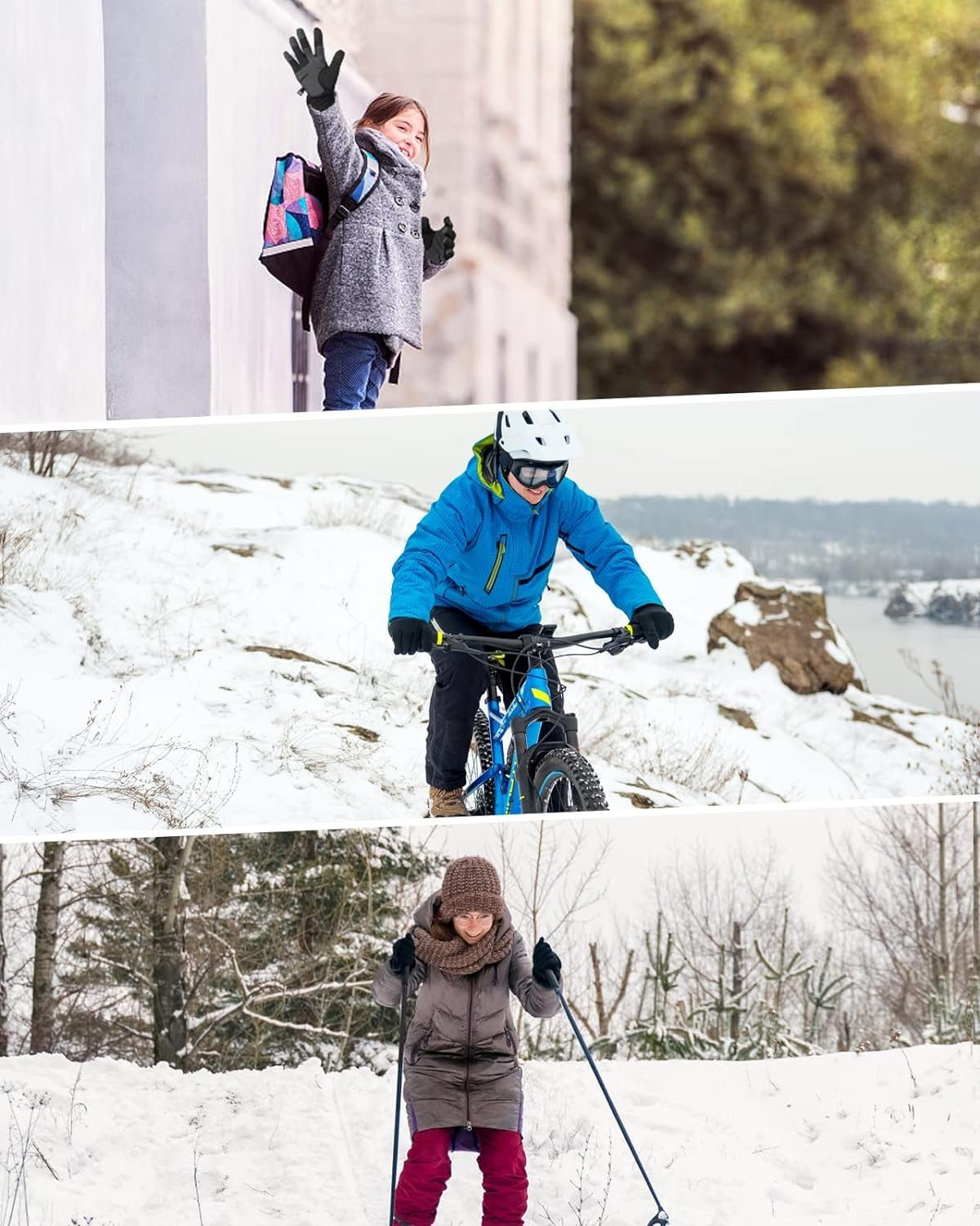 Anqier Fleecehandschuhe Handschuhe Kinder Winter, Warme Softshell Winterhandschuhe Touchscreen (Outdoor Sport Fahrradhandschuhe Für Jungen Mädchen, Kids Anti-Rutsch Winddicht Laufhandschuhe,Schwarz 4-12 Jahre)