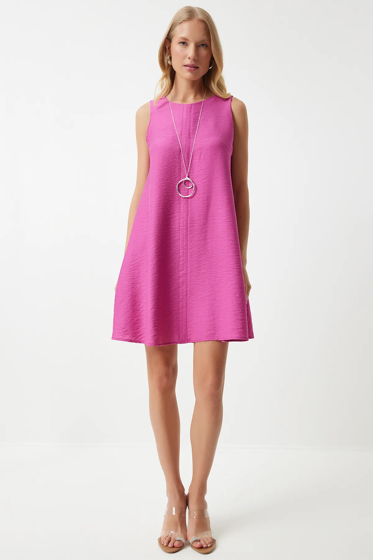 Happiness İstanbul  Dunkelrosa Sommer-gewebtes A-Linien-Kleid für Damen BF00067