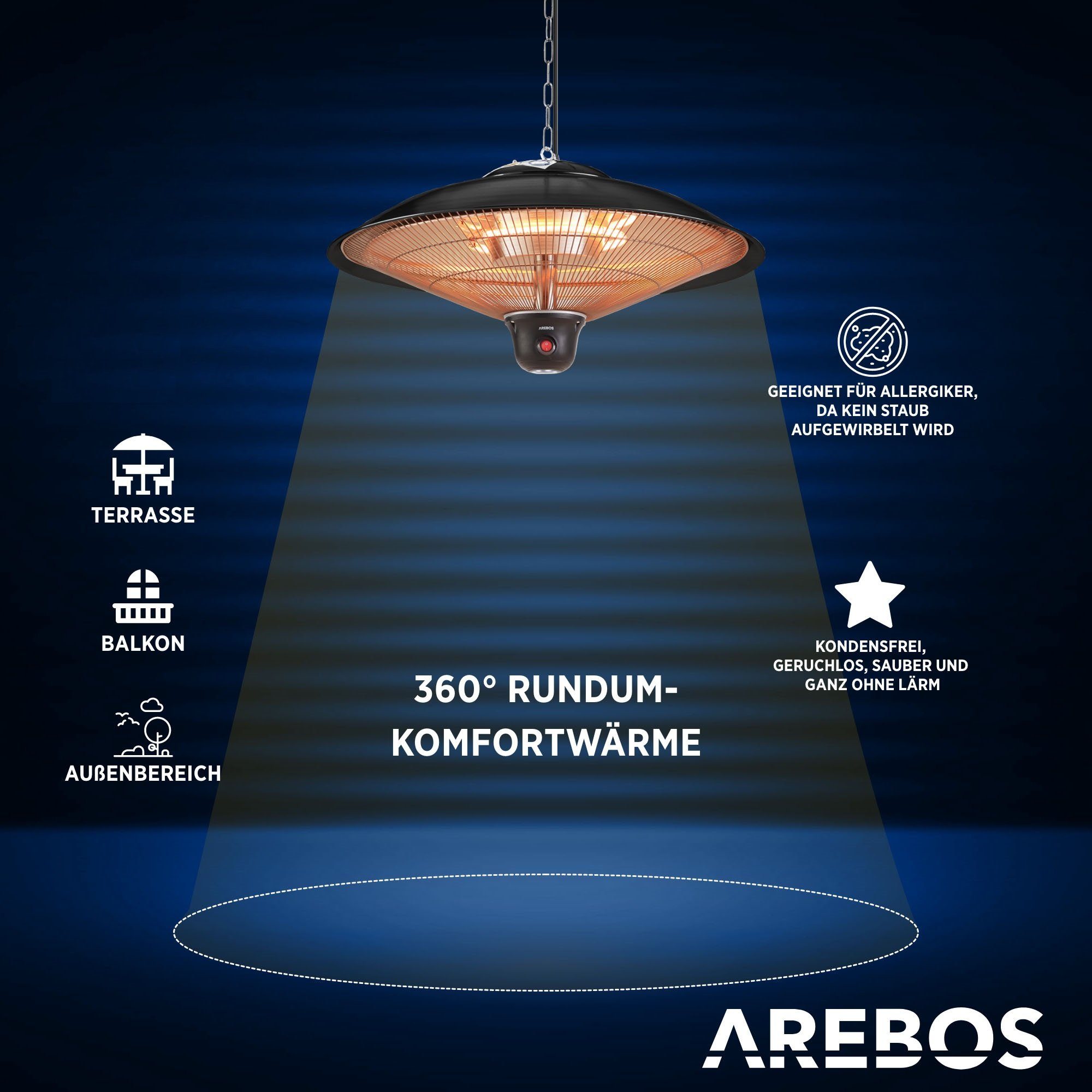 Arebos Infrarotstrahler Deckenheizstrahler, 2.000 W, inkl. LED-Lampe + Fernbedienung